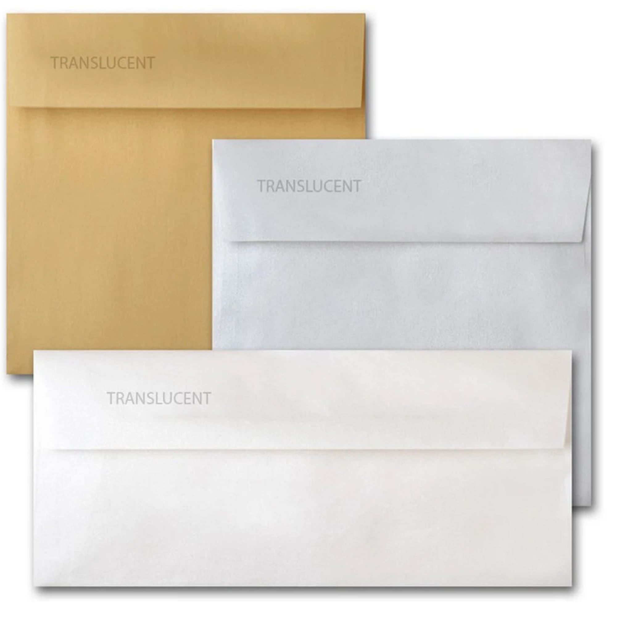 Three translucent envelope-style cards in gold, silver, and white