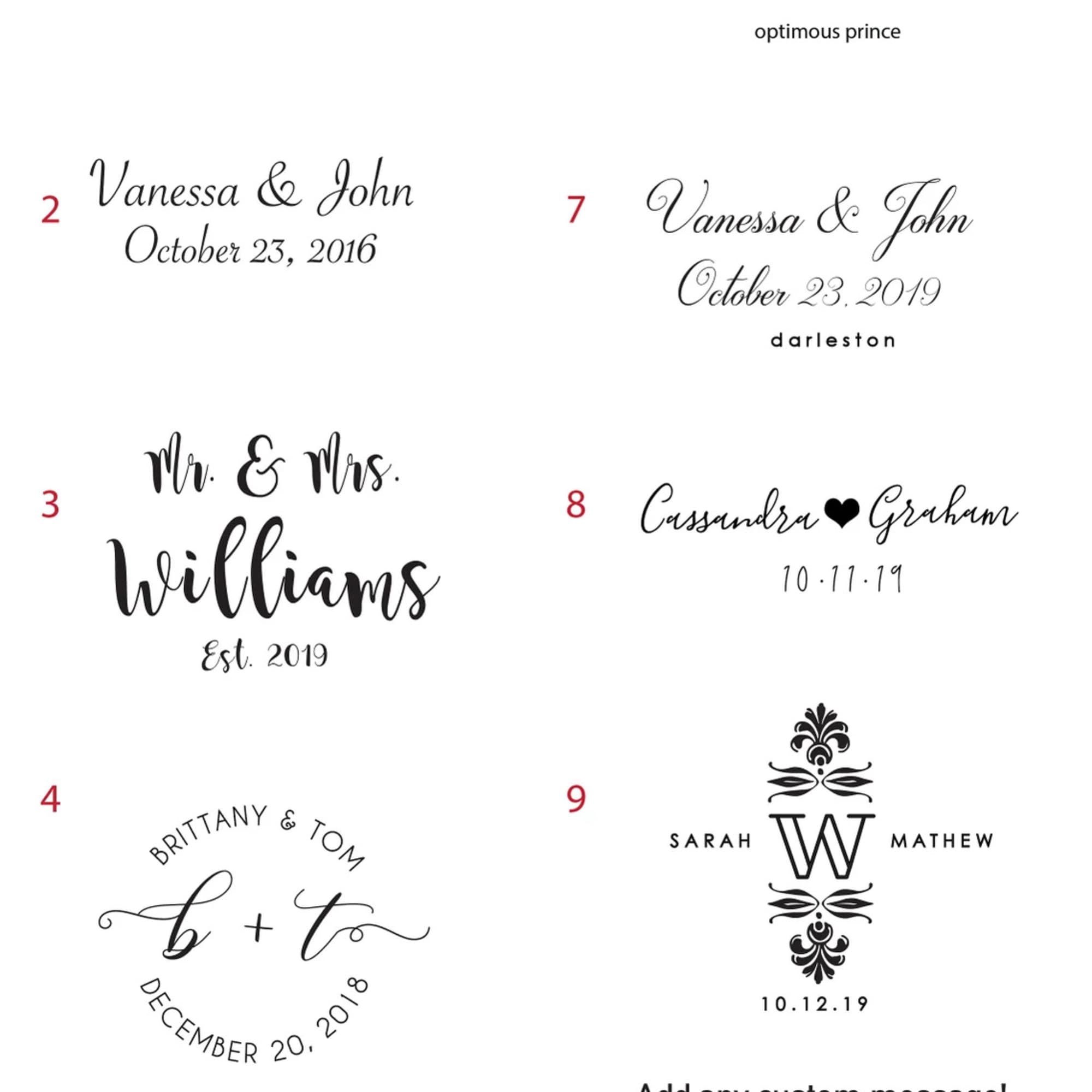 Wedding monogram and name design samples in black script on white background