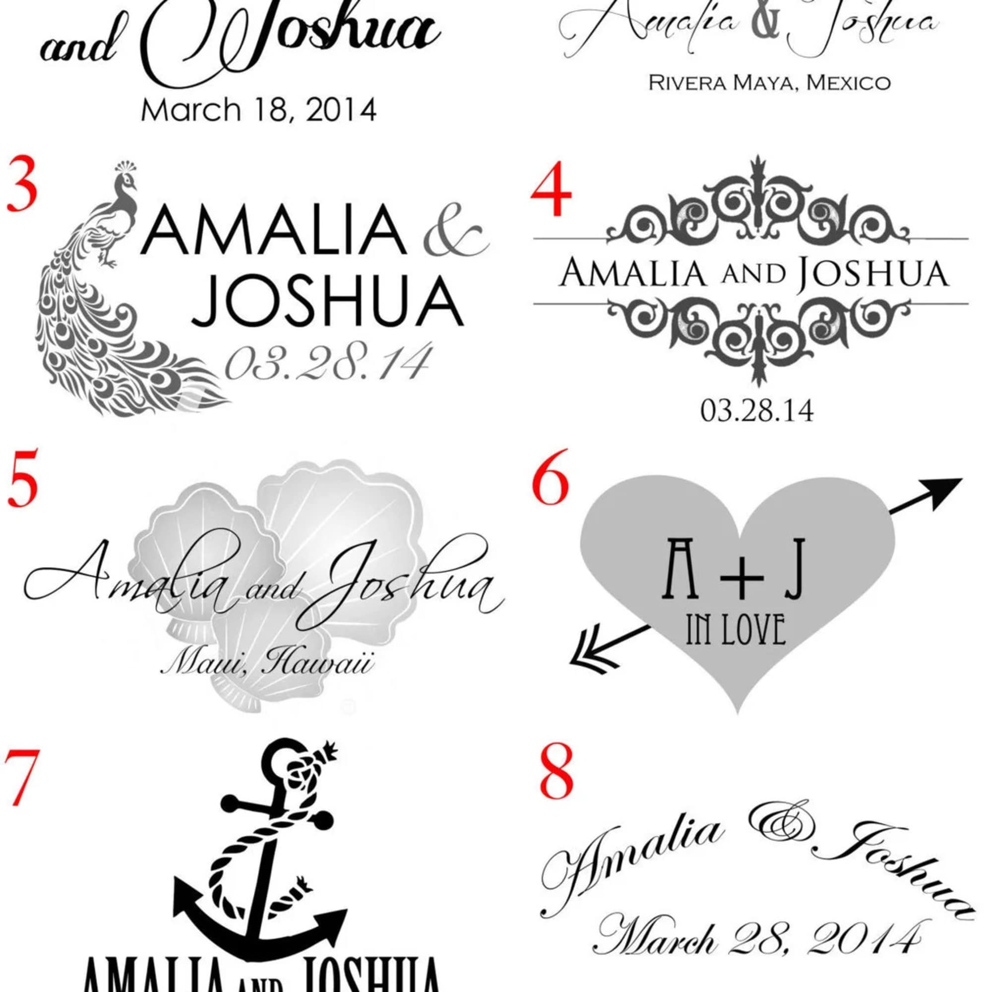 Wedding monogram design samples with names, dates, and decorative icons