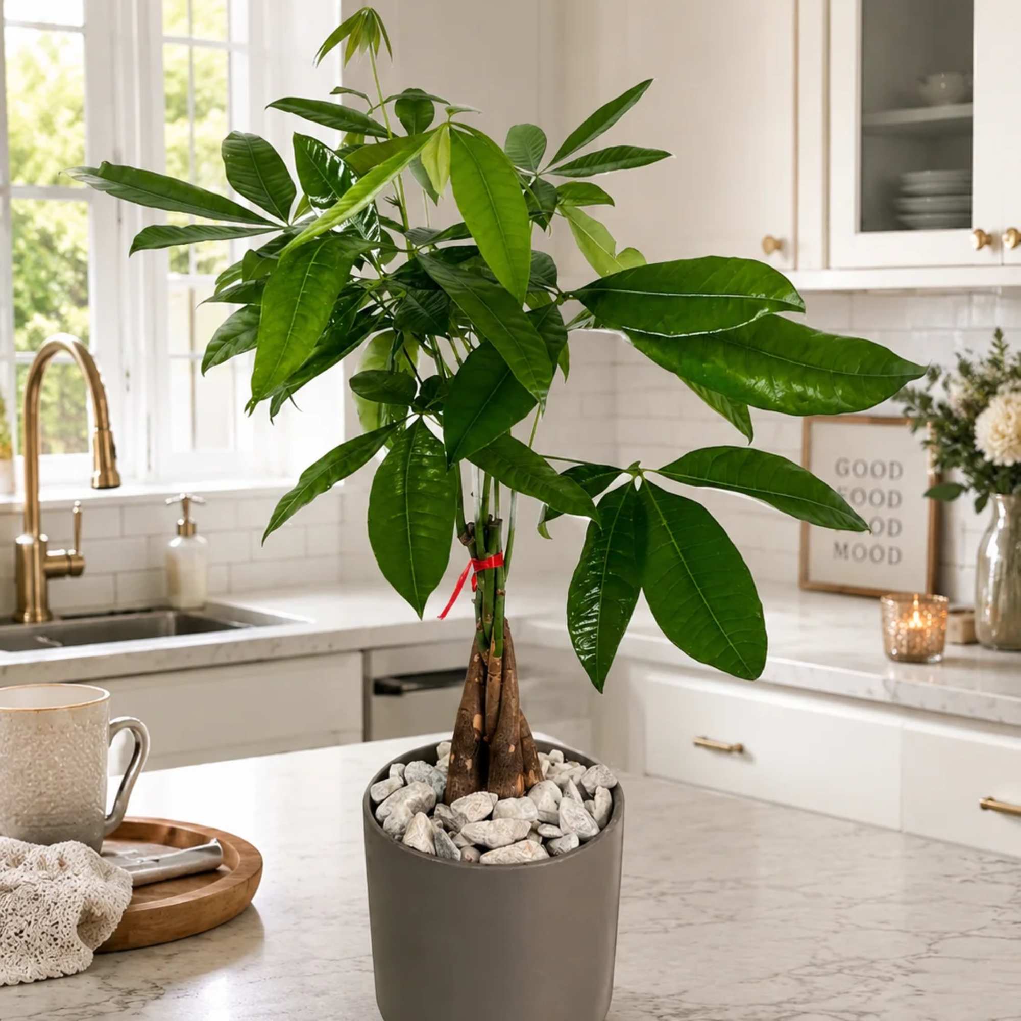 Potted money tree plant in a gray container with white stones