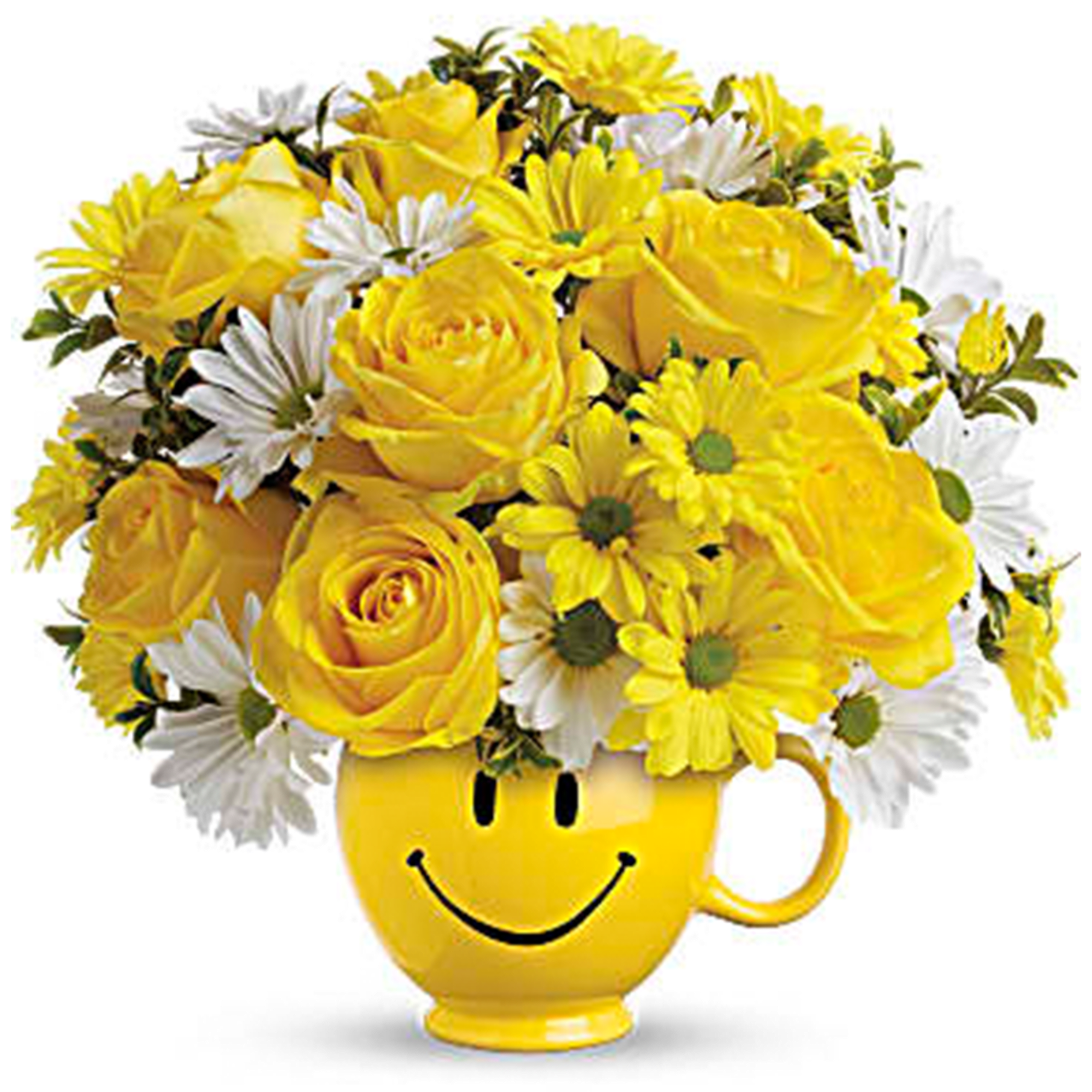 Yellow roses and daisies in a smiley-face mug