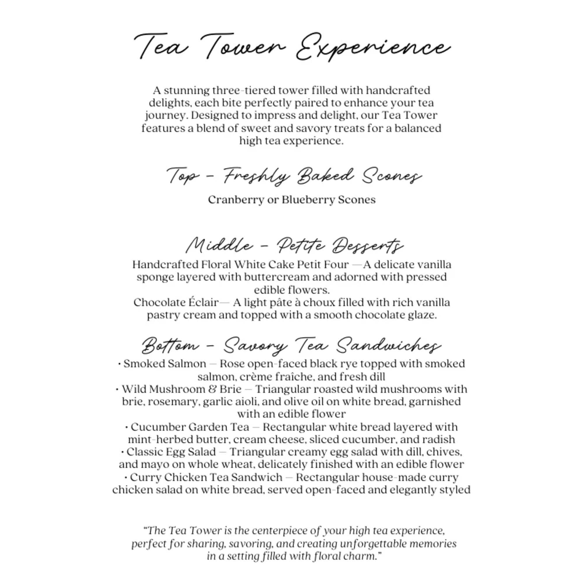 Text menu for a three-tier tea tower with scones, desserts, and tea sandwiches