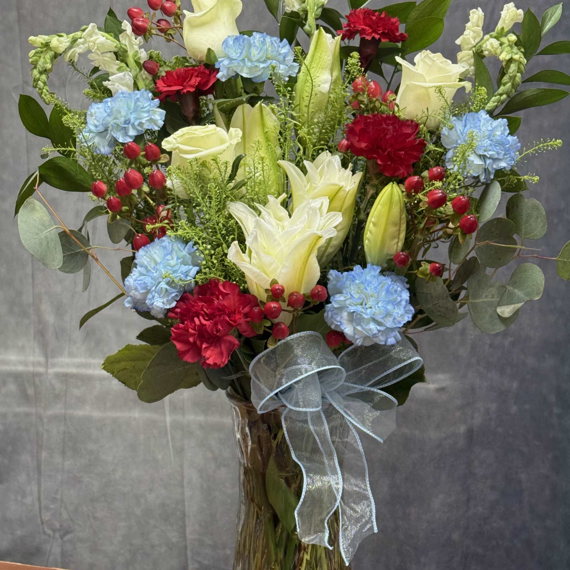 A tall, full Lily of Honor vase arrangement that balances classic white, photo 2 of 2