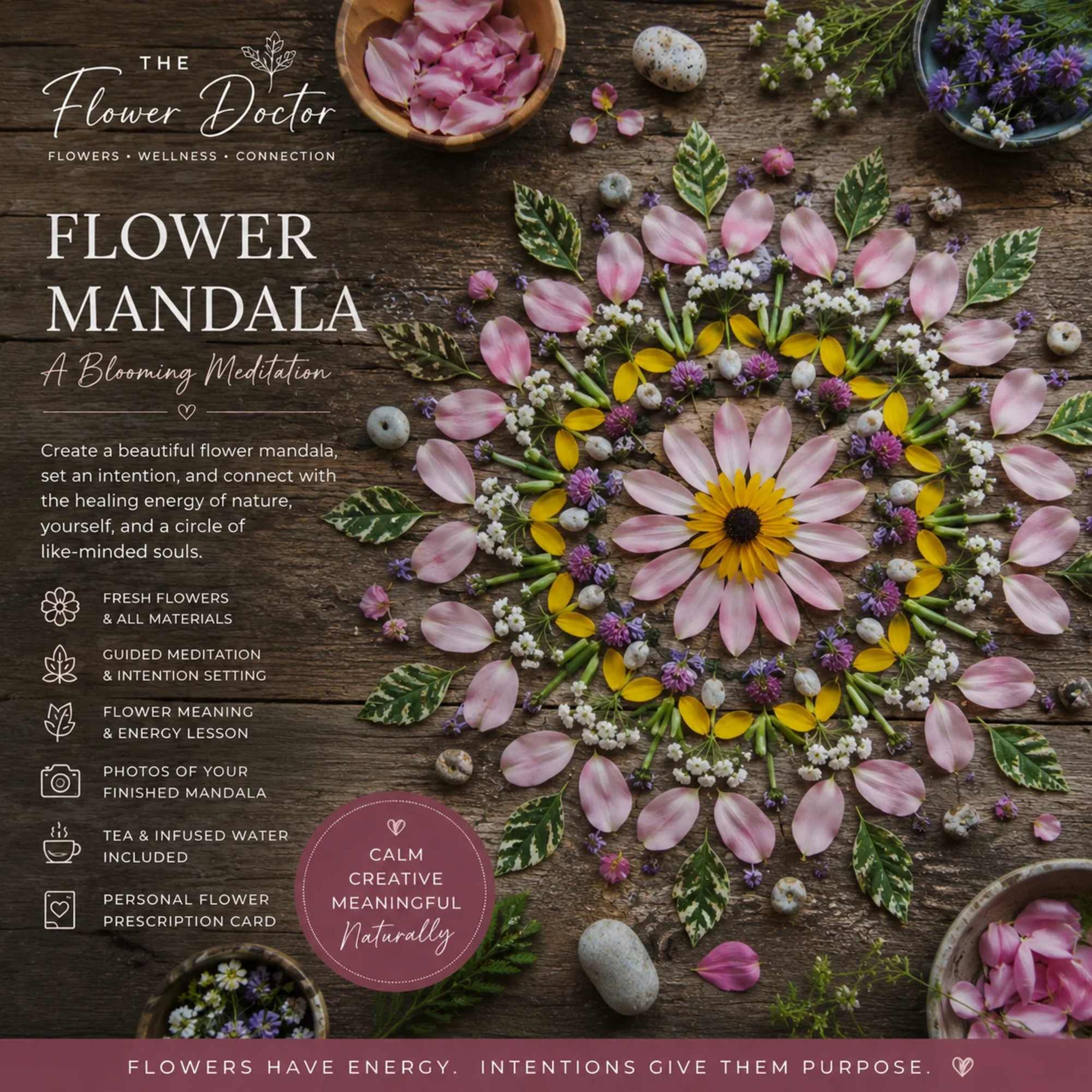 Flower mandala made with pink petals and a yellow-centered bloom on wood