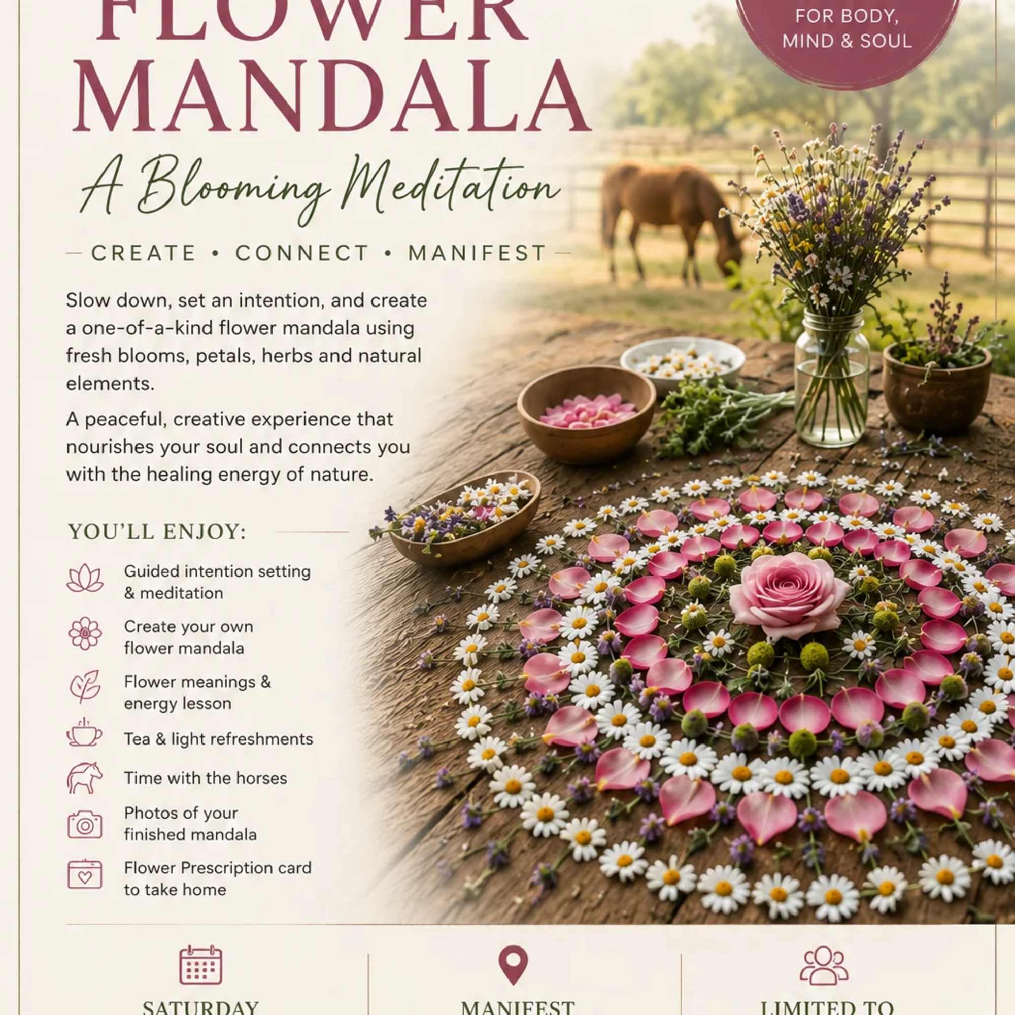 Poster for a flower mandala workshop with a floral circle on a table