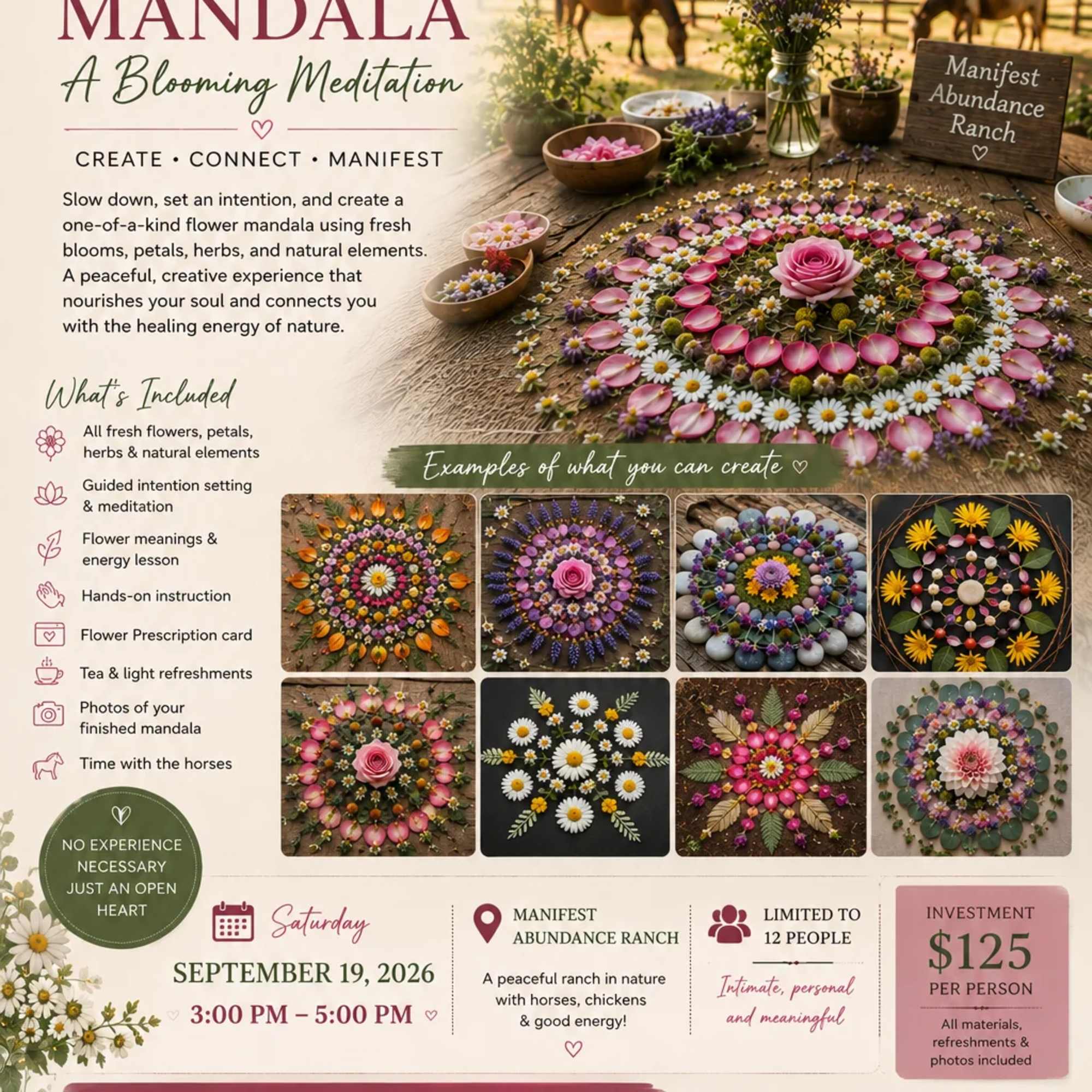 Poster for a flower mandala workshop with floral circles and horses in a ranch setting