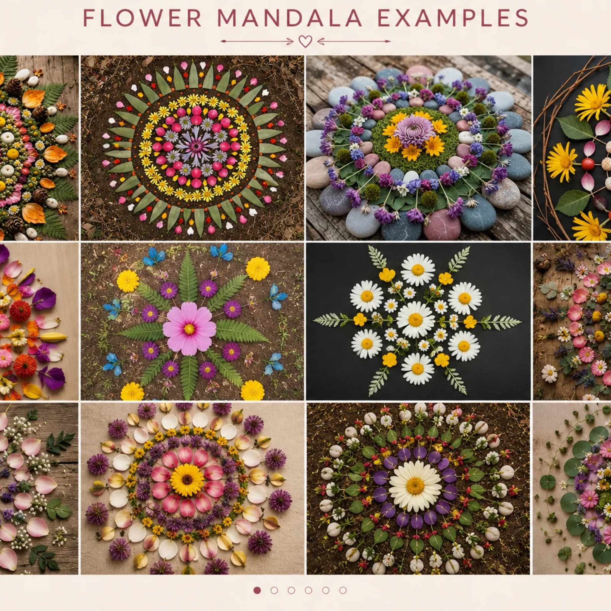 Collage of circular flower mandalas made with petals and blooms