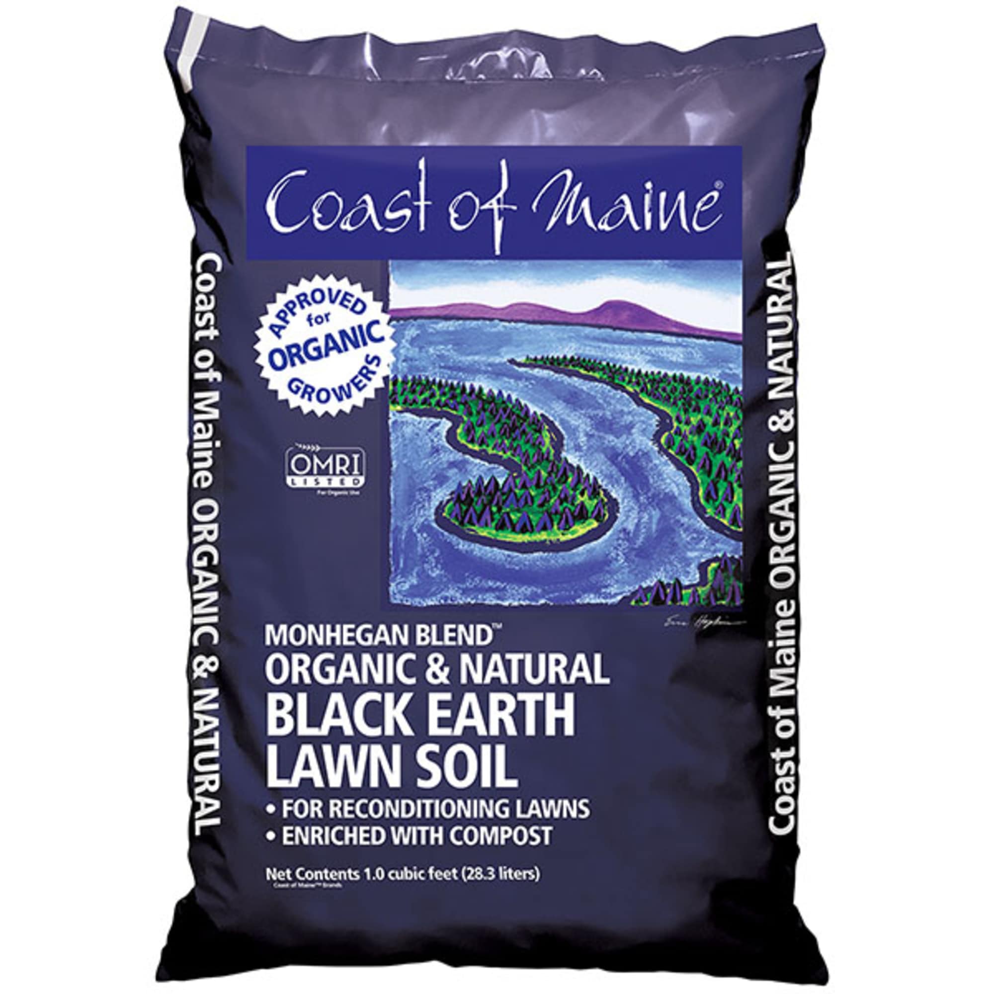 Bag of Coast of Maine organic black earth lawn soil