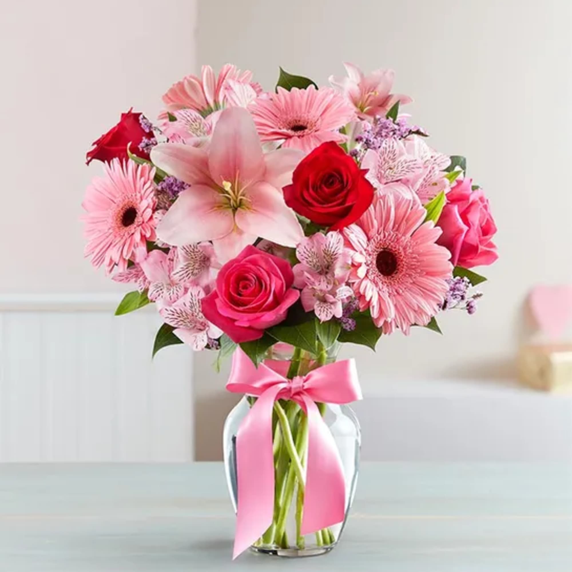 Red Roses ,hot Pink Roses, Pink Roses, Pink Gerbera Daisy, Pink Alstroemeria