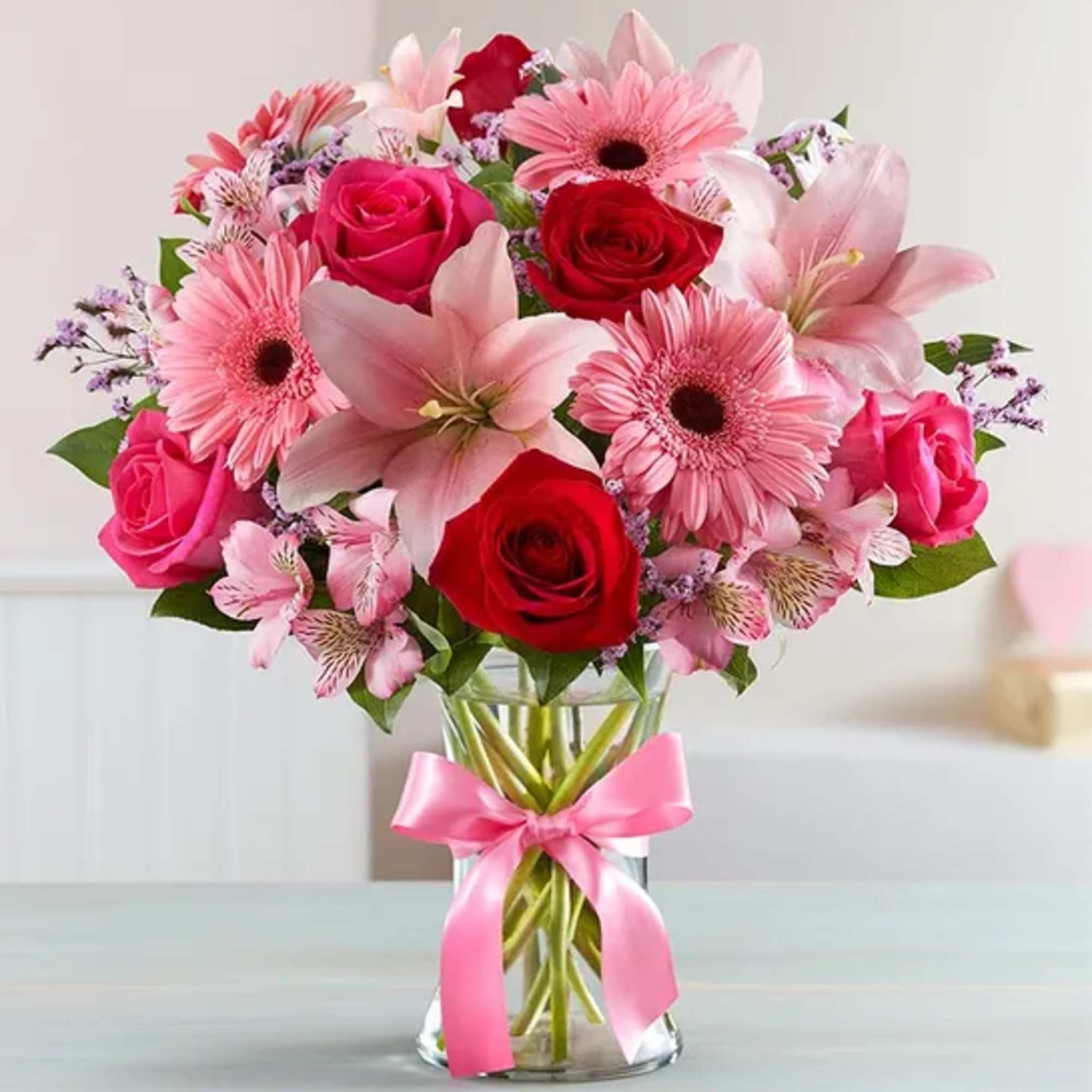 Red Roses ,hot Pink Roses, Pink Roses, Pink Gerbera Daisy, Pink Alstroemeria
