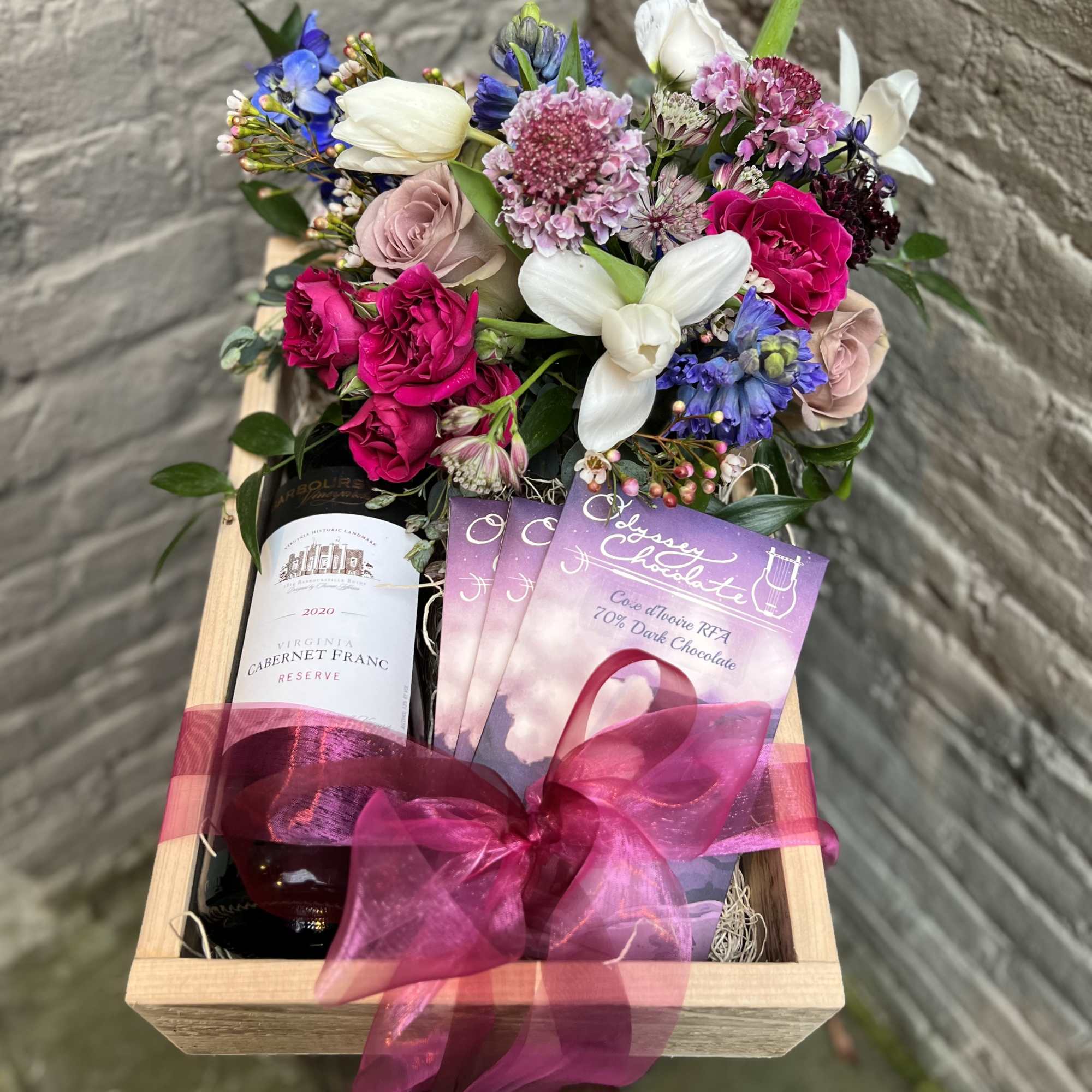 Wine, chocolate, and flowers; what could be better?  This locally hand-crafted