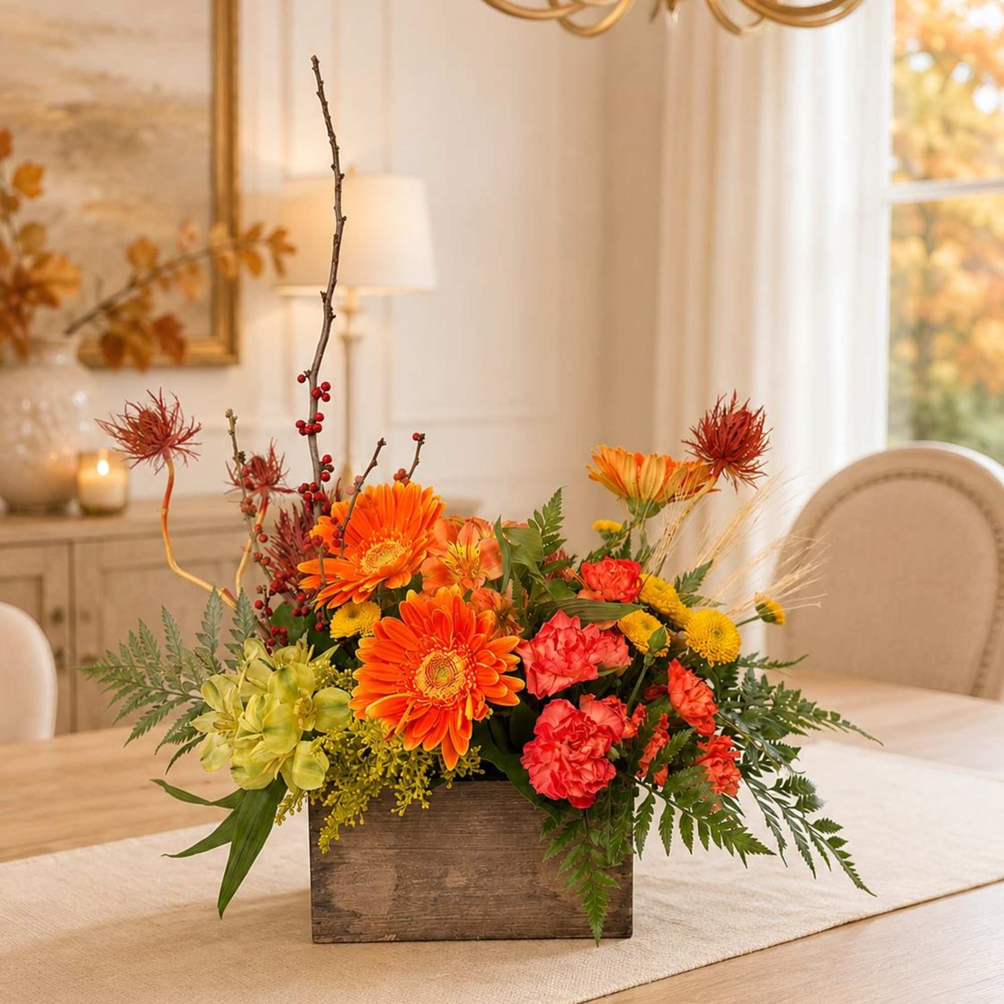 Orange and red floral arrangement in a wooden box on a dining table