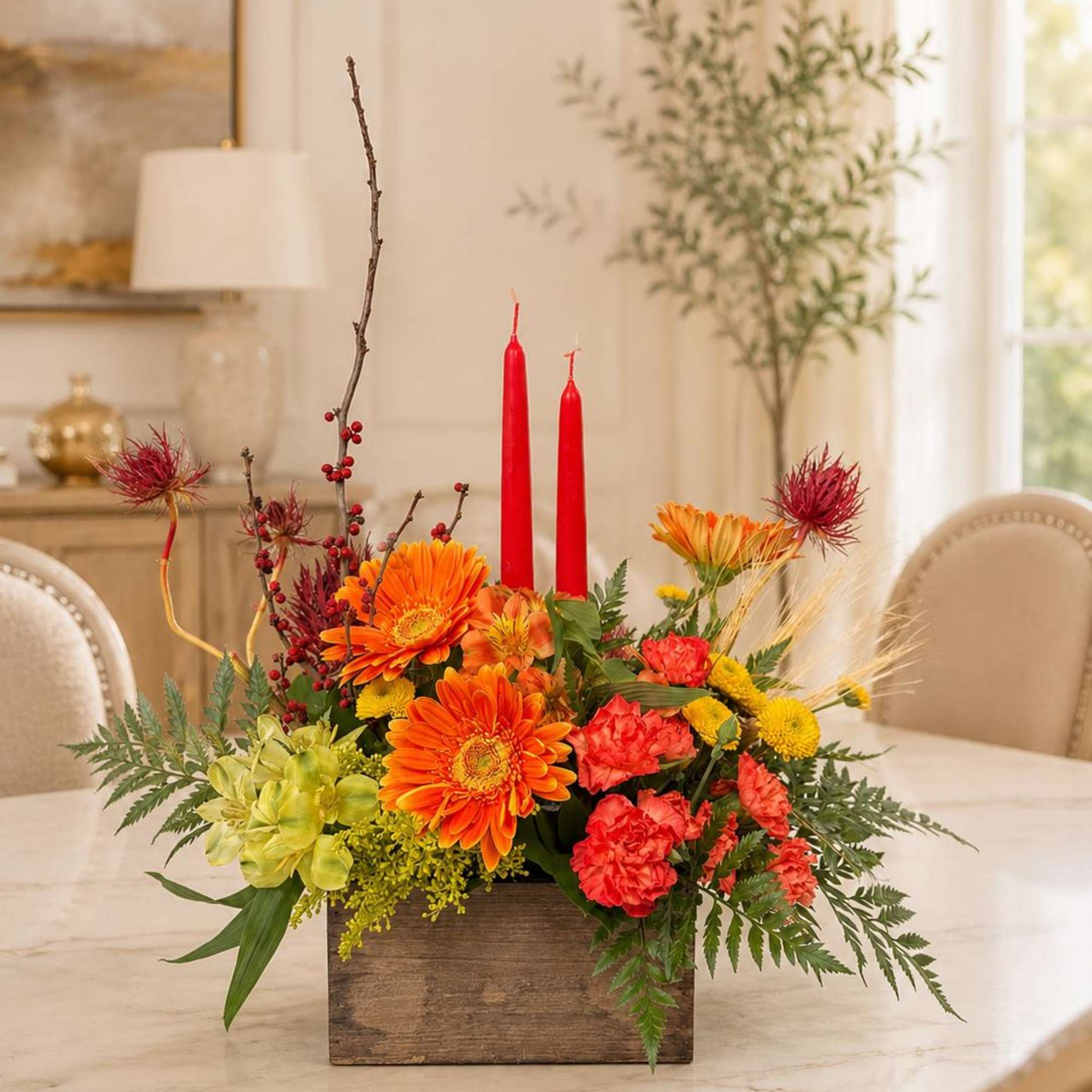 Autumn floral centerpiece in a wooden box with red candles