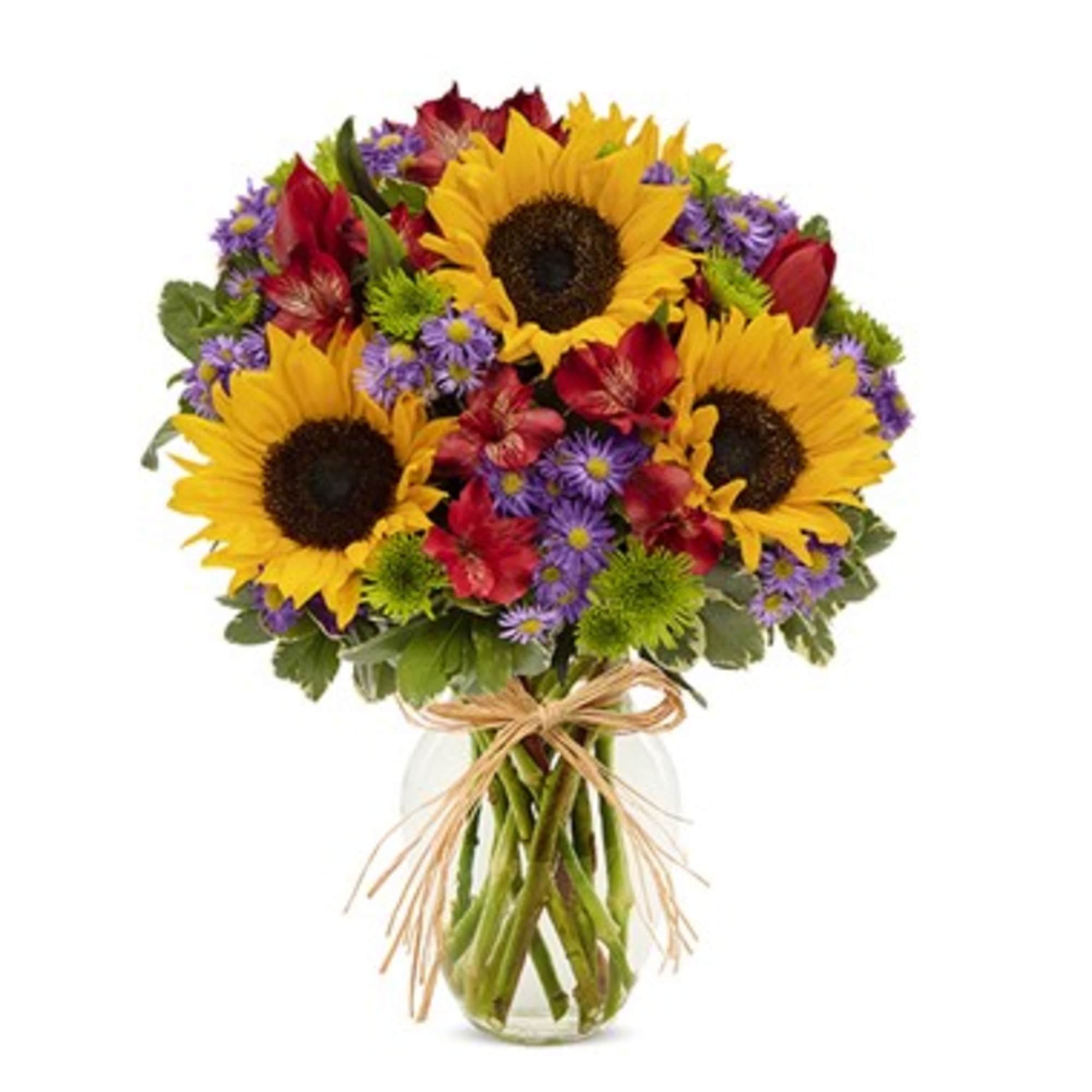 Bouquet of sunflowers, red alstroemeria, and purple daisies in a glass vase