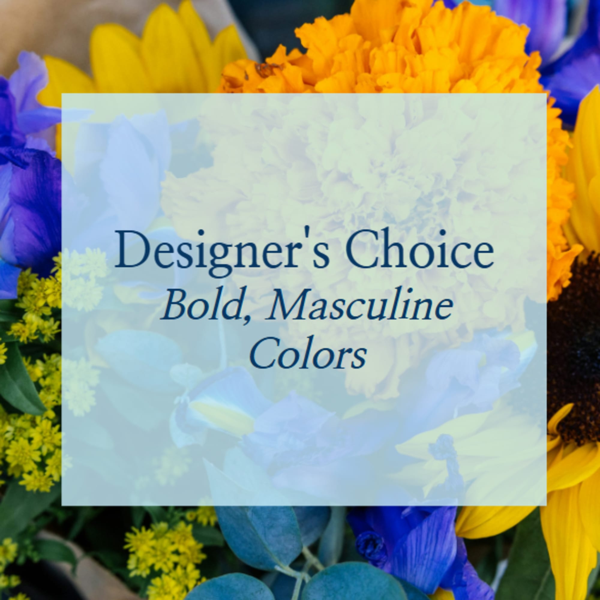 Mixed bouquet with yellow sunflowers, blue flowers, and orange blooms