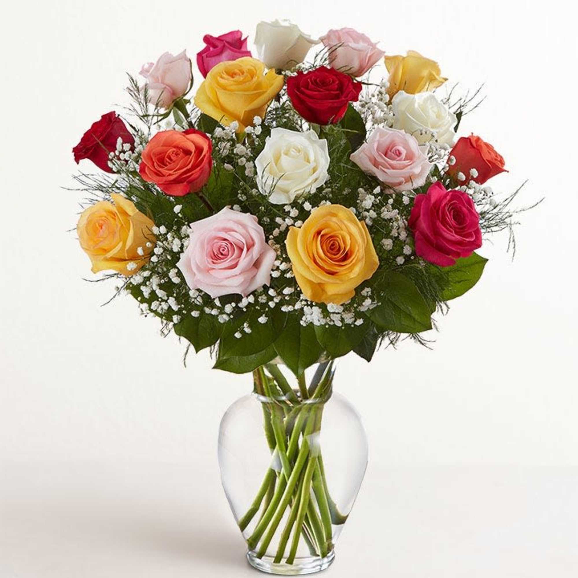 This cheerful rose bouquet showcases a variety of colors. 