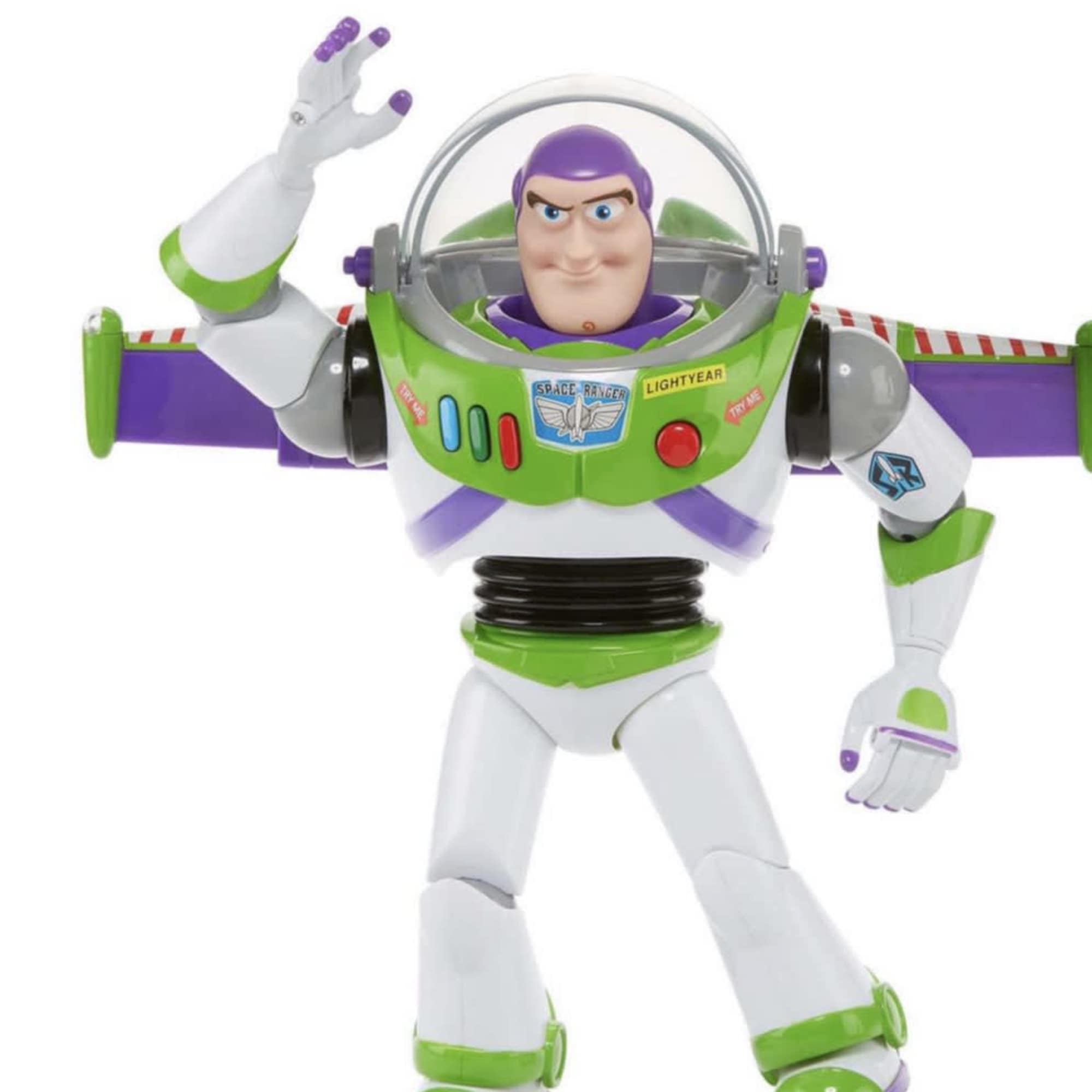 Buzz Lightyear toy figure with raised arm on a white background