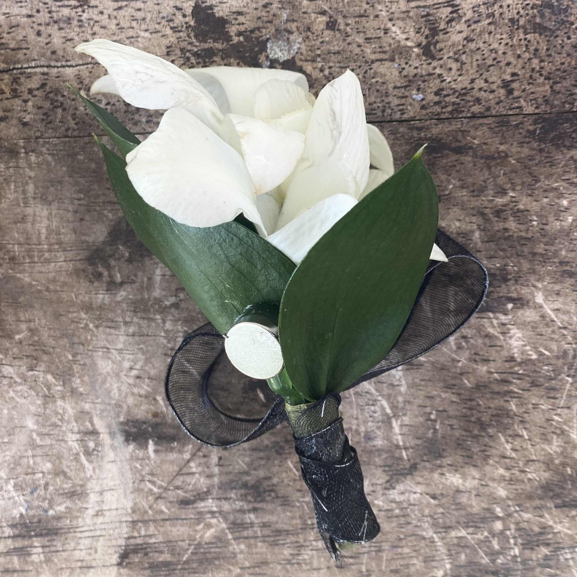 White boutonniere with dark green leaves and black ribbon