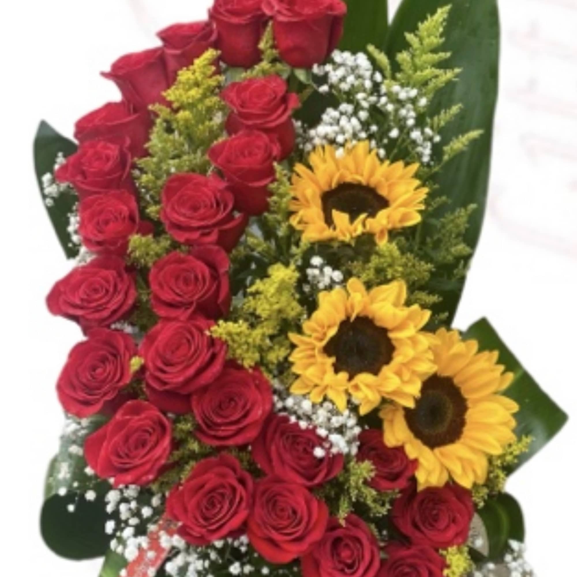 Bouquet of red roses and yellow sunflowers with baby's breath