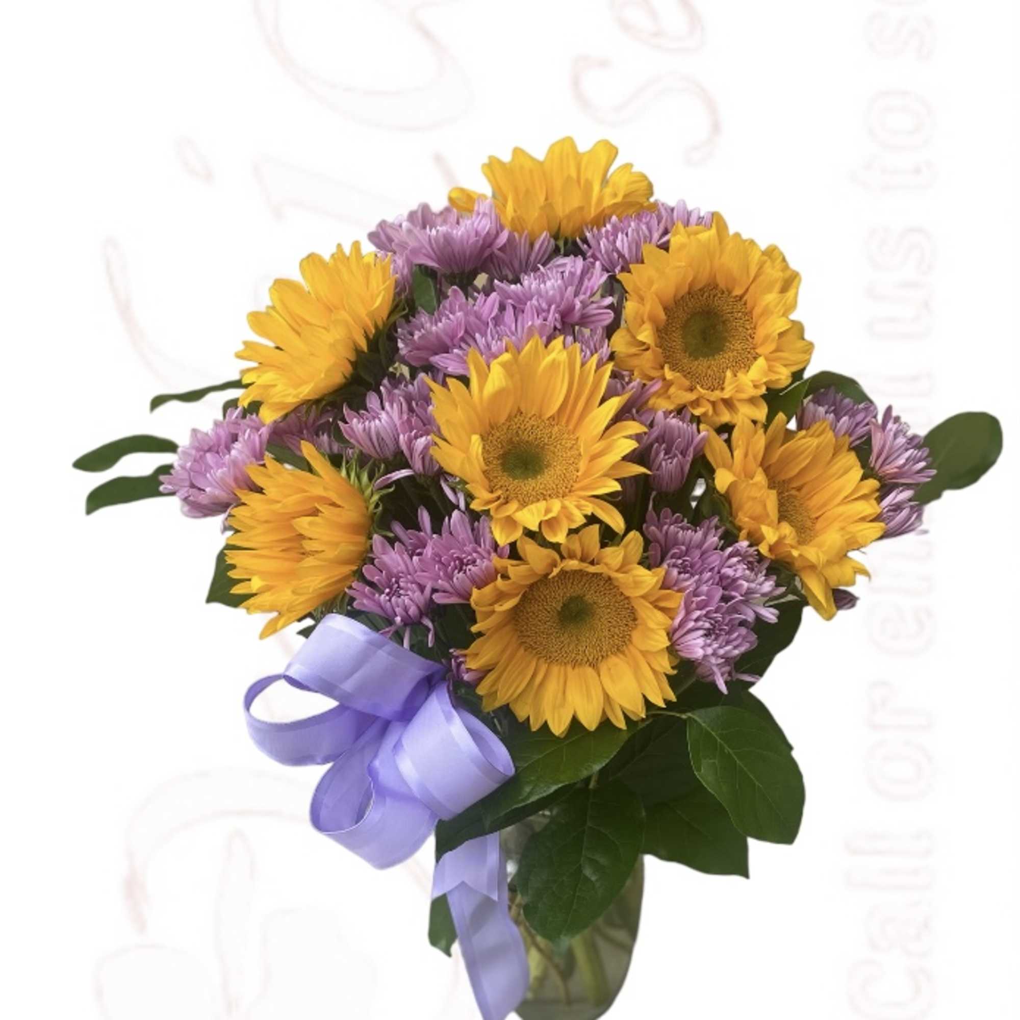 Bouquet of yellow sunflowers and purple daisies with a lavender ribbon