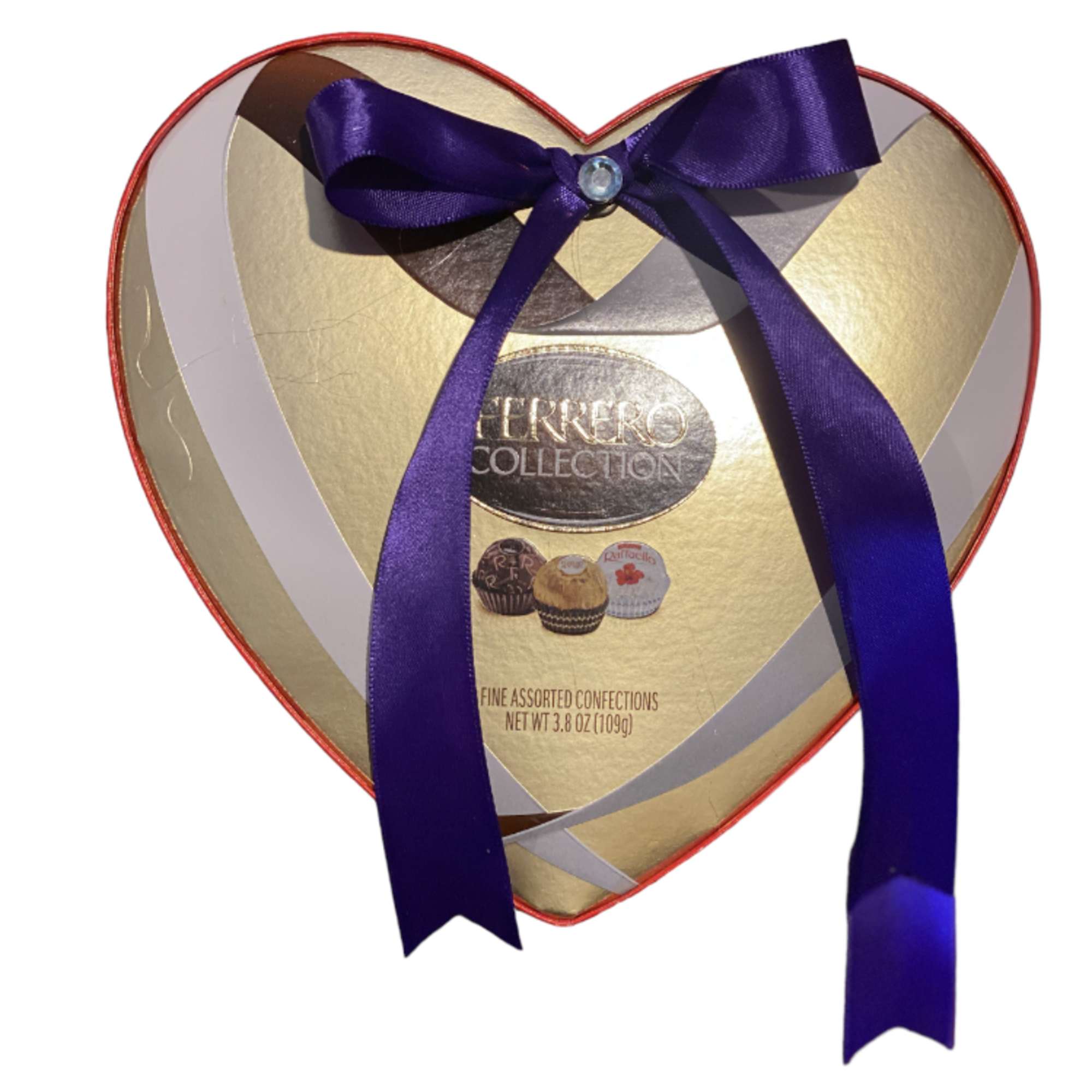 Heart-shaped chocolate box with a purple ribbon bow