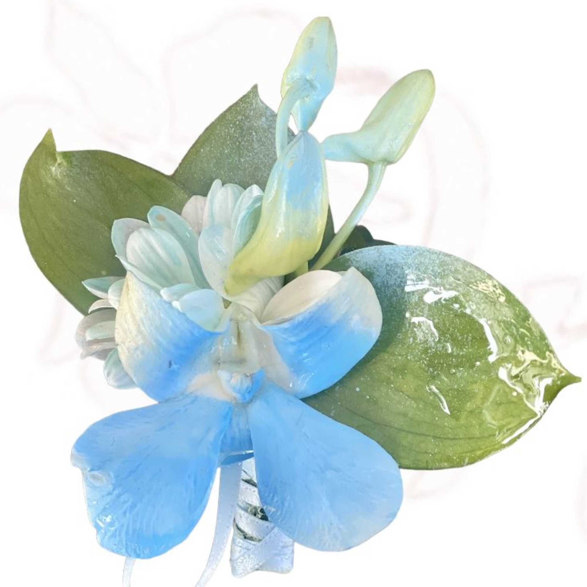 Blue and white orchid corsage with green leaves