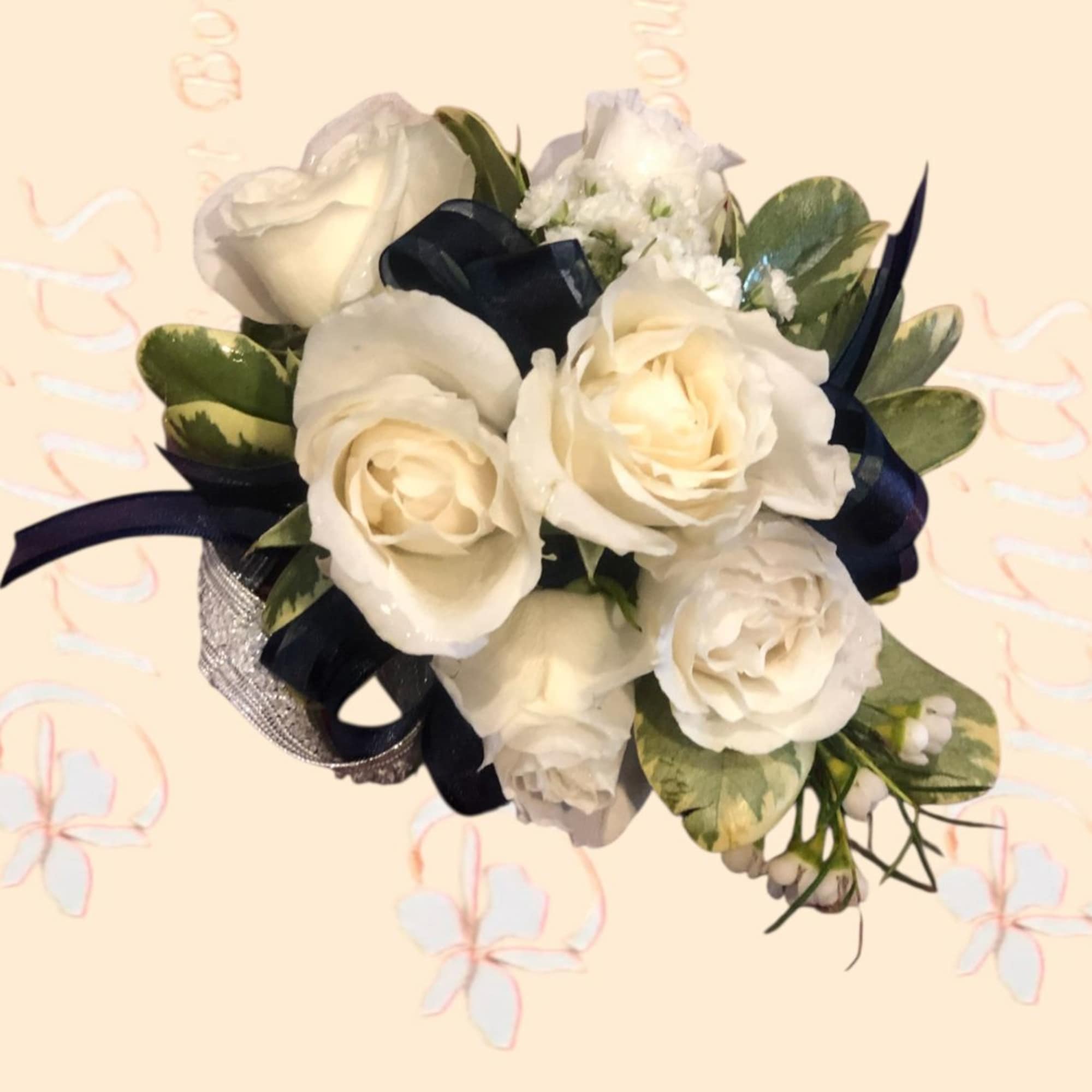 White rose bouquet with navy ribbon and greenery