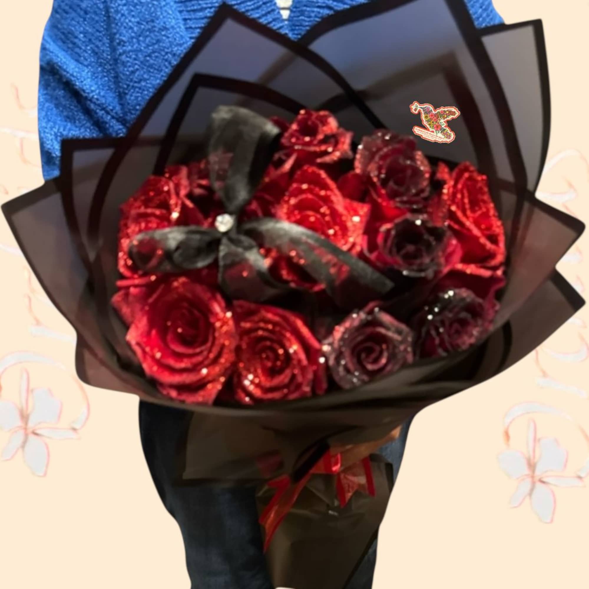 Bouquet of red glitter roses wrapped in black paper