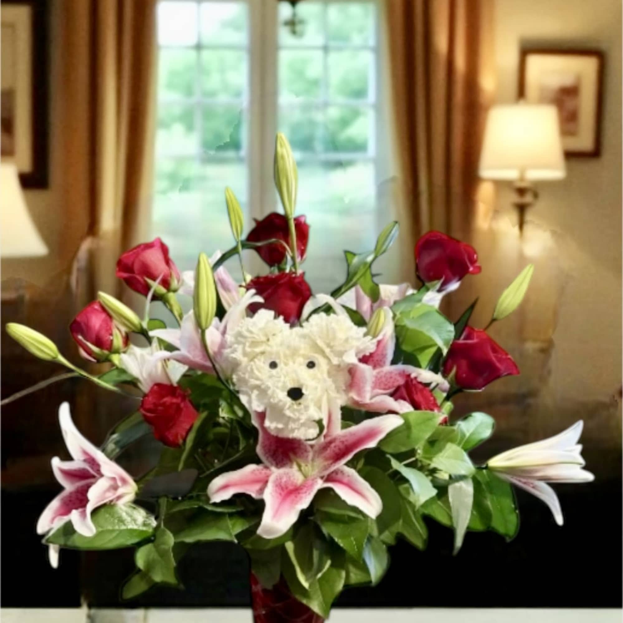 Bouquet of red roses and pink lilies in a red vase with a teddy bear center