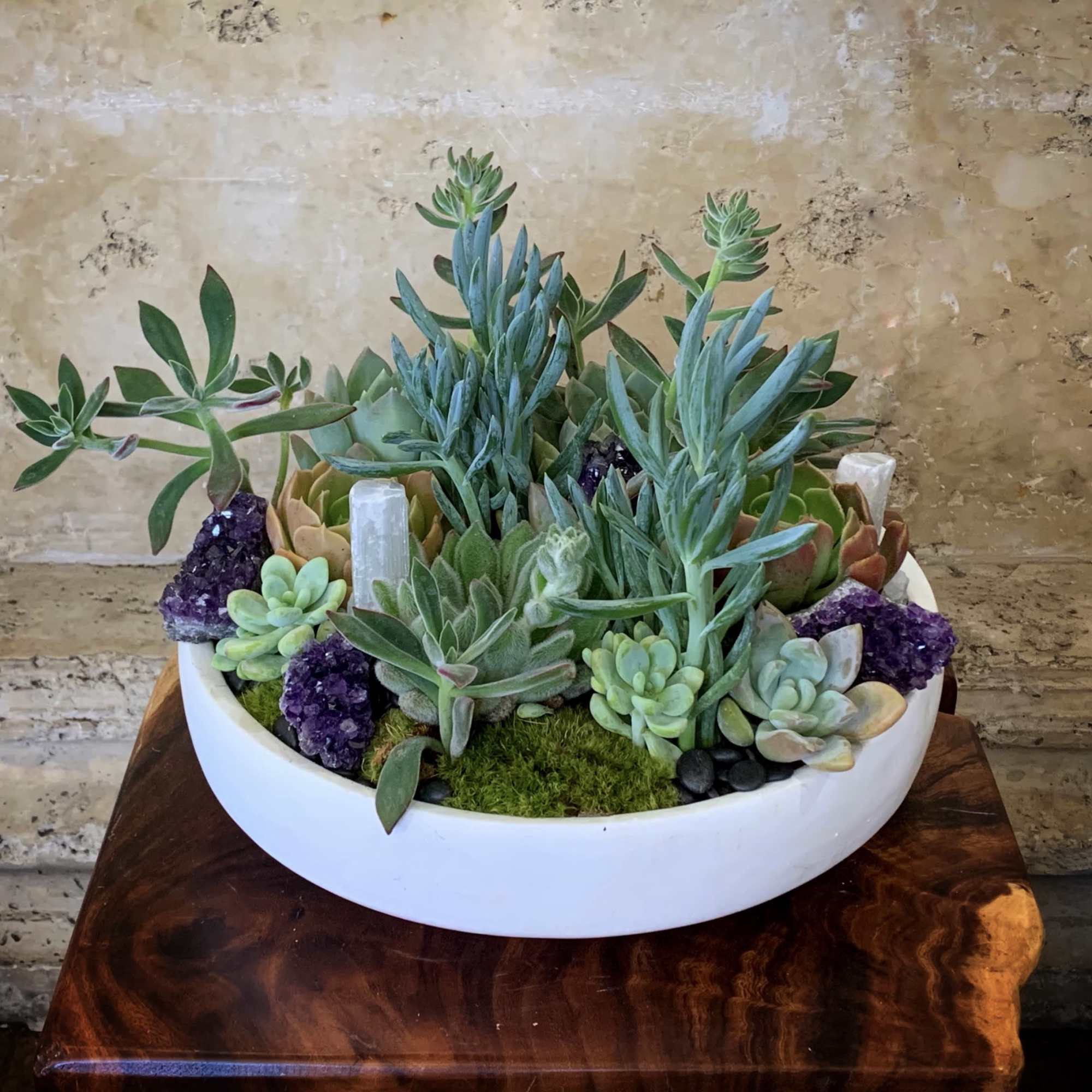 Succulent arrangement in a white bowl with purple crystals