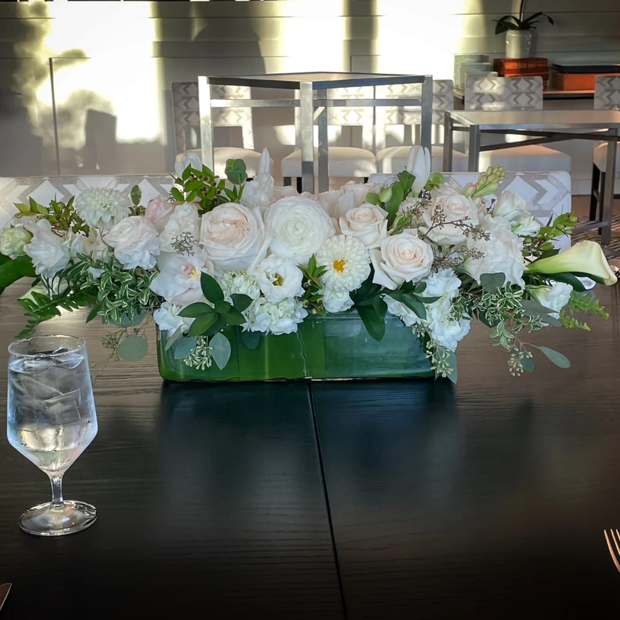Hydrangea, Premium Roses, Dahlias, Tulips, Eucalyptus, and more greenery in long glass, photo 2 of 2