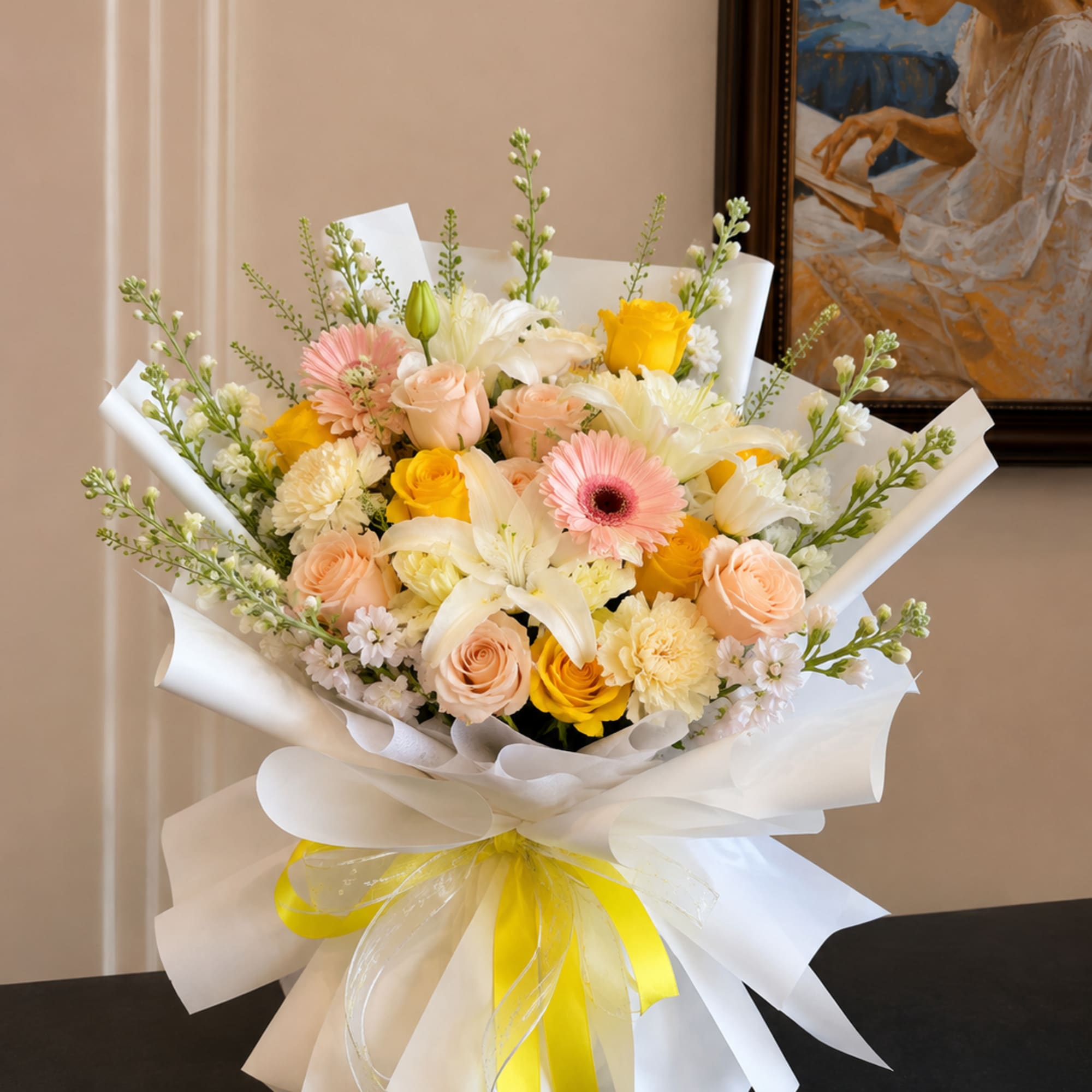 Bouquet of pink, yellow, and white flowers wrapped in white paper with a yellow ribbon