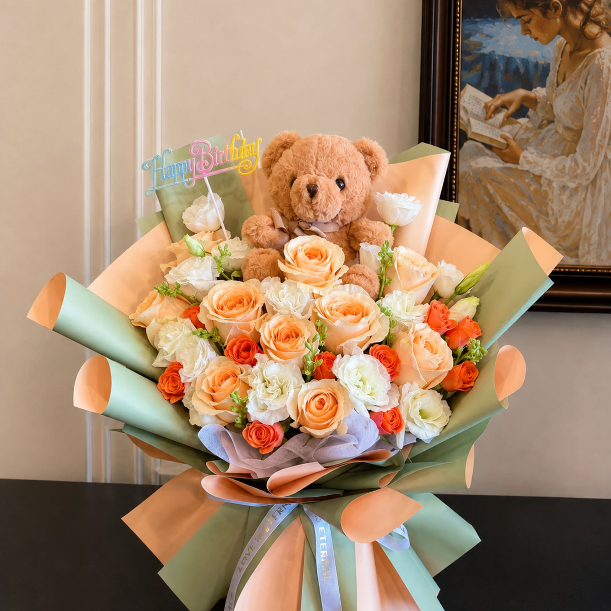 Peach and white rose bouquet with a teddy bear and Happy Birthday topper