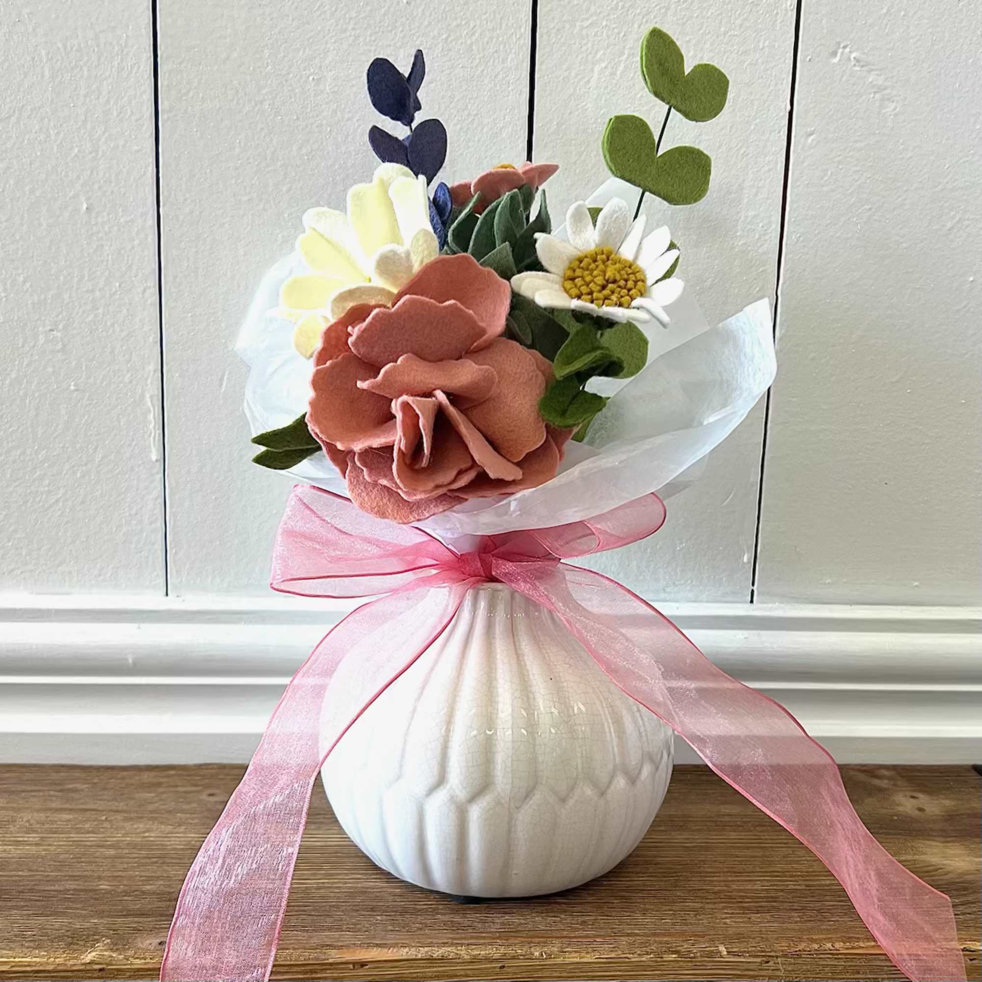 Handcrafted felt flowers arranged in beautiful bouquet that will last for years