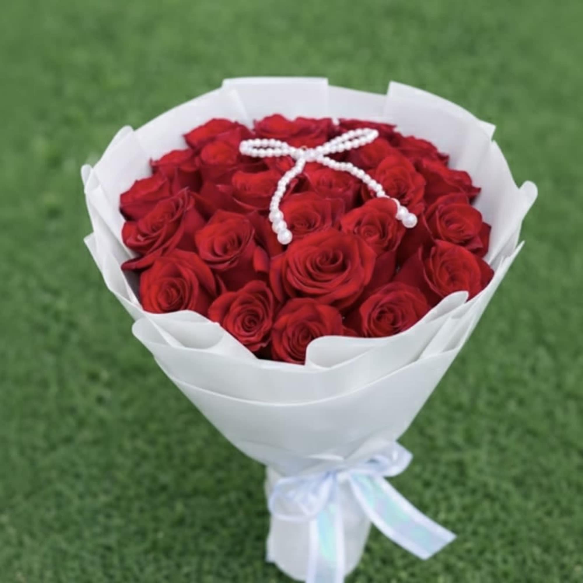 Bouquet of red roses wrapped in white paper with a pearl bow