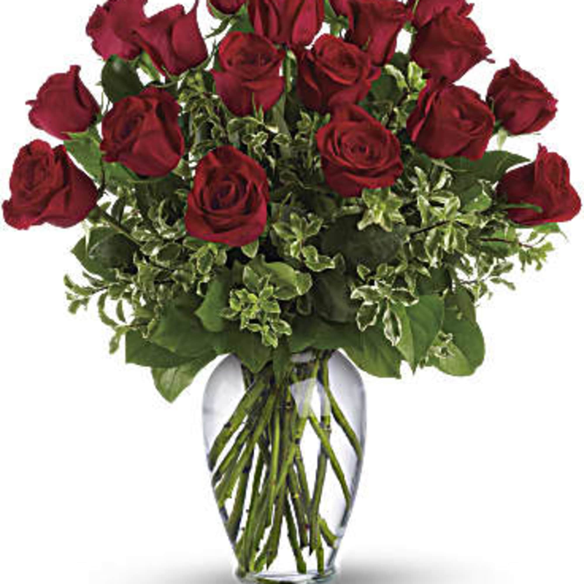 Bouquet of red roses in a clear glass vase, photo 2 of 2