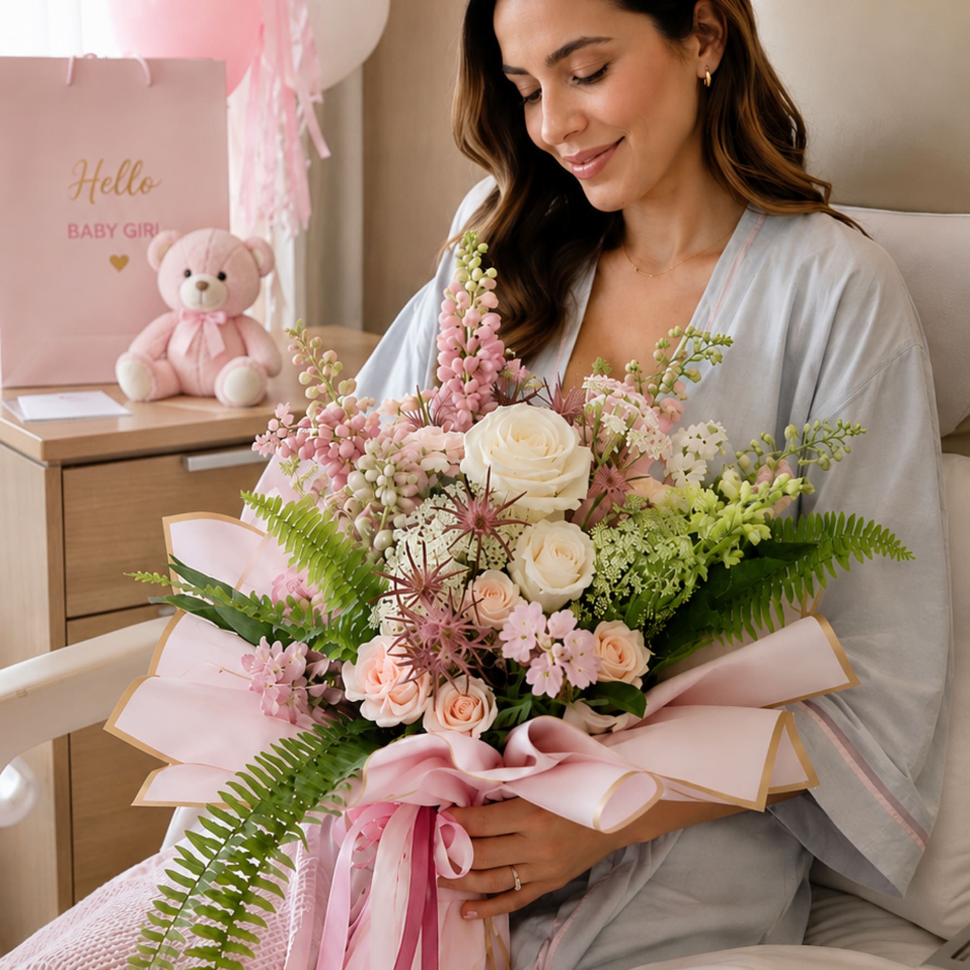Pink and white bouquet with roses and snapdragons, held beside baby shower balloons