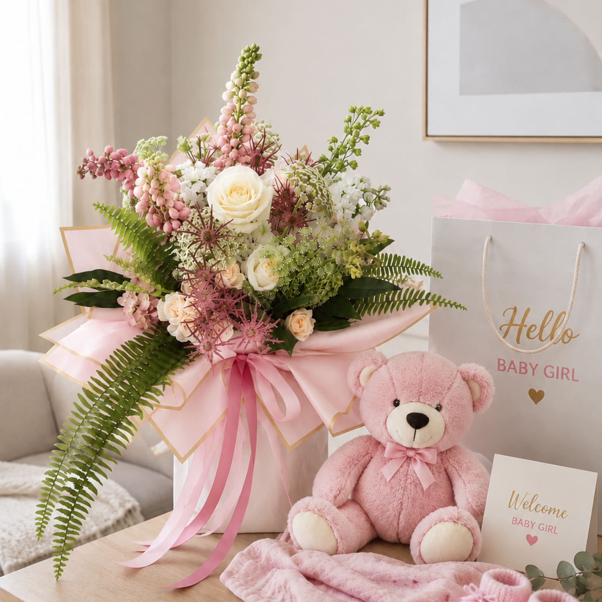 Pink and white flower arrangement with a teddy bear and baby gift bag
