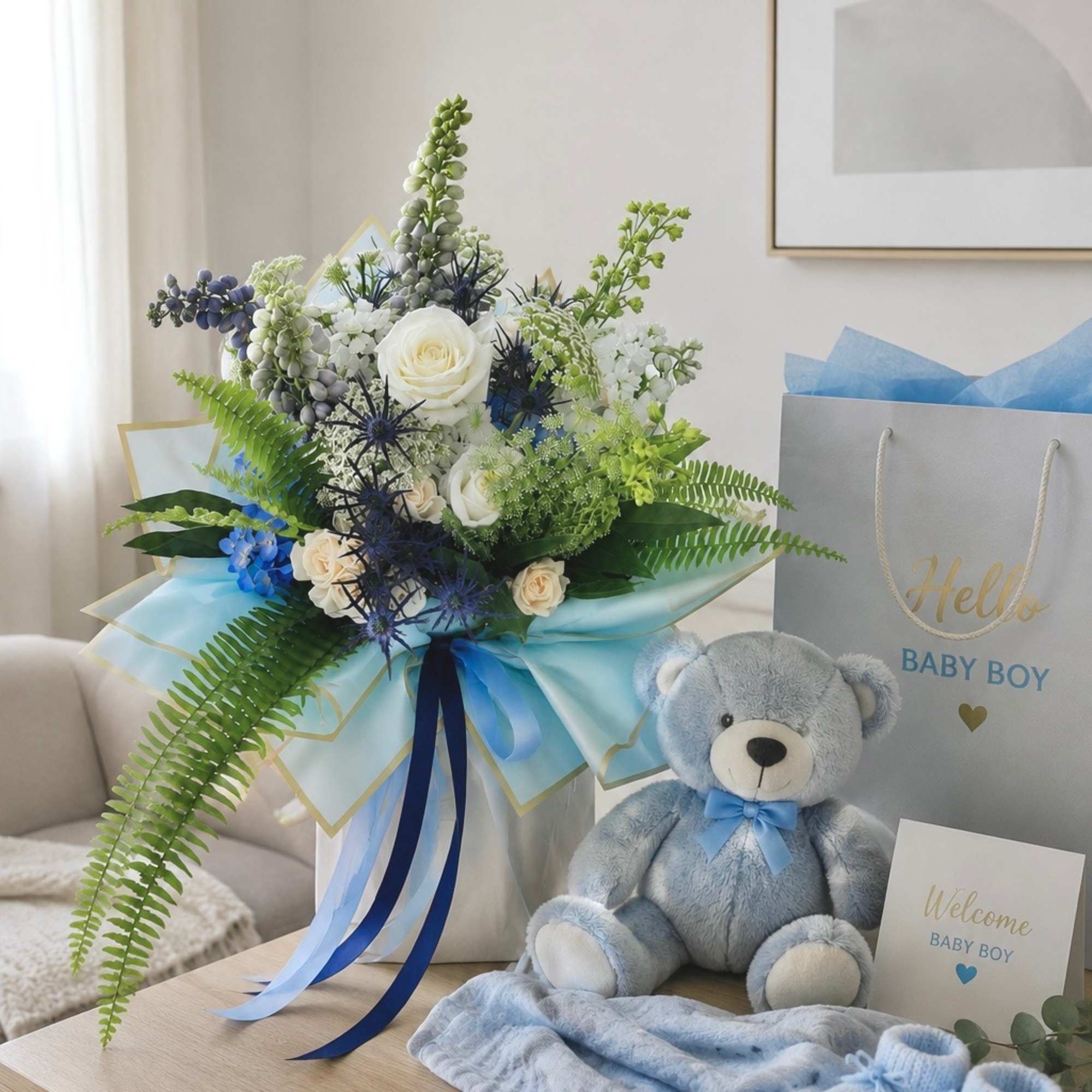 Blue and white flower arrangement with a teddy bear and baby boy gift bag