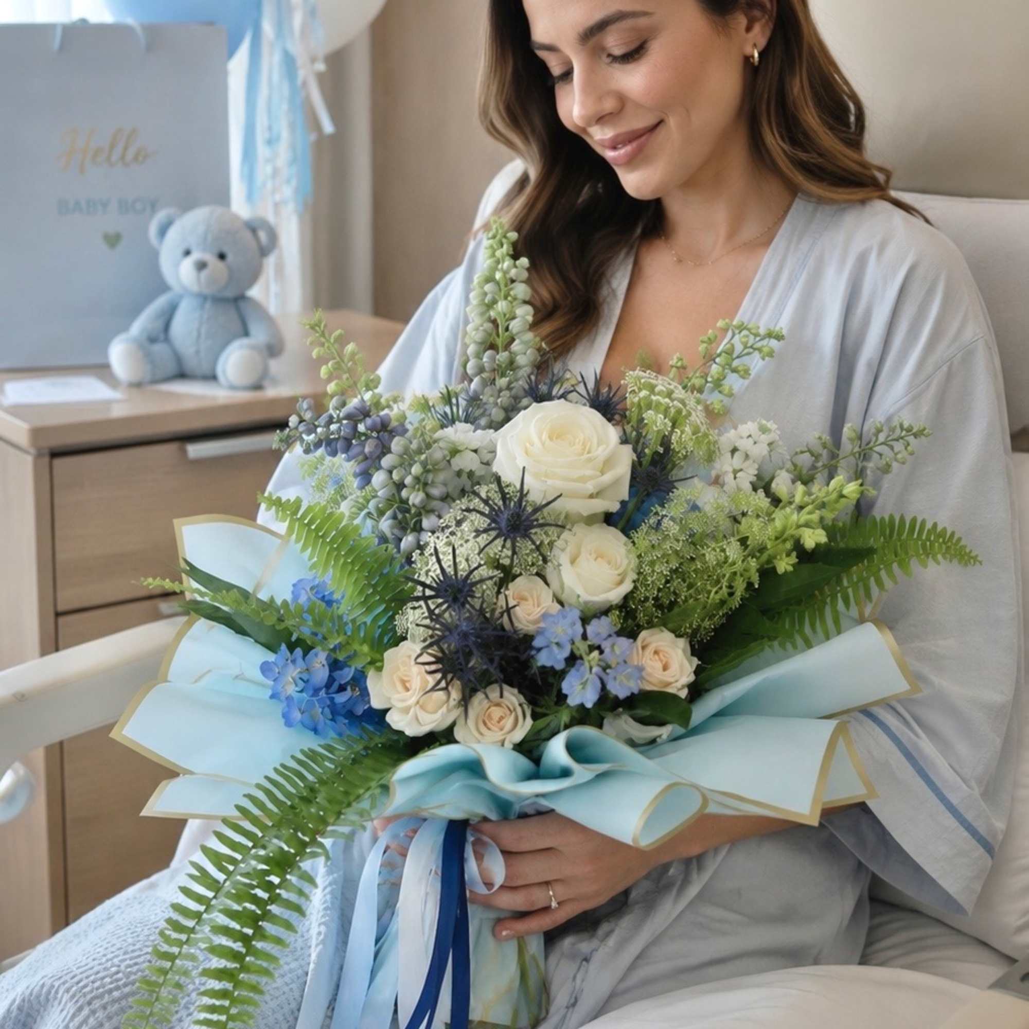 Bouquet of white and blue flowers with a baby boy balloon in the background