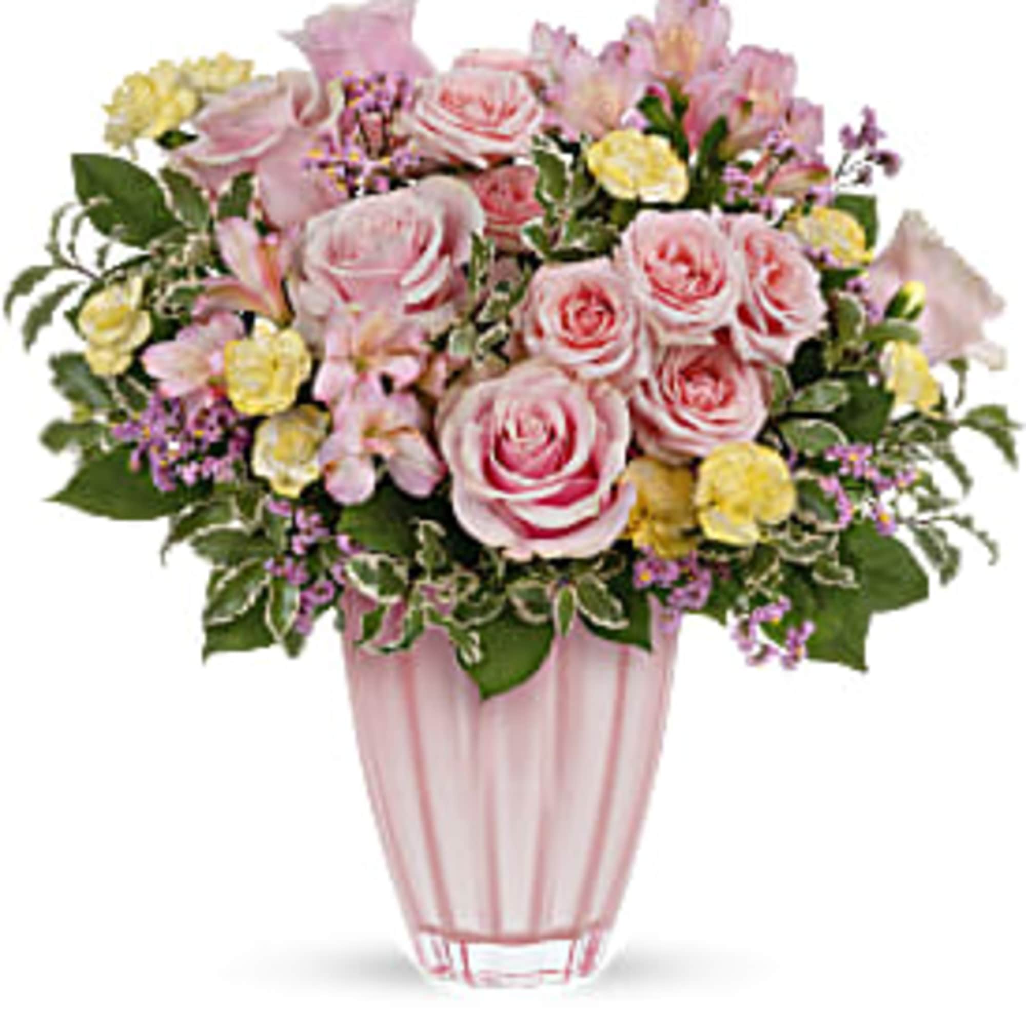 Pink and yellow rose bouquet in a pink glass vase