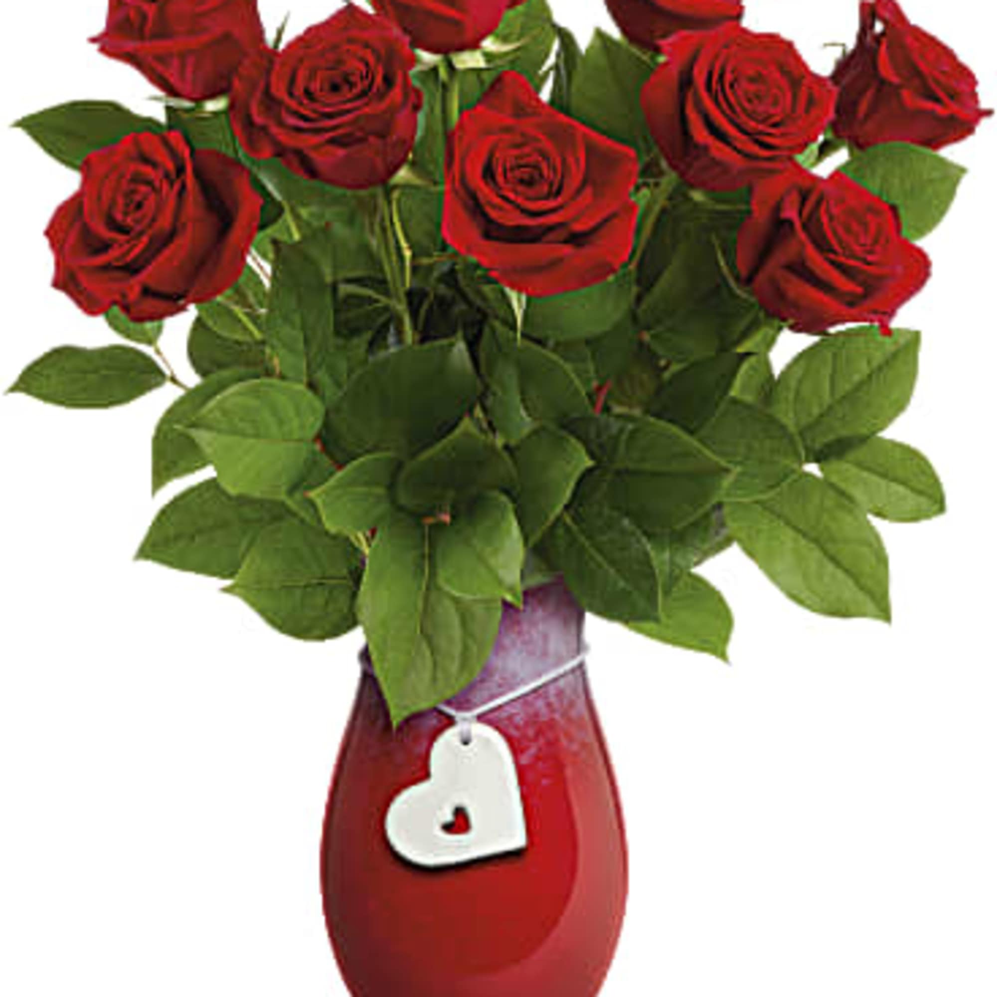 Red roses arranged in a red vase with a heart ornament