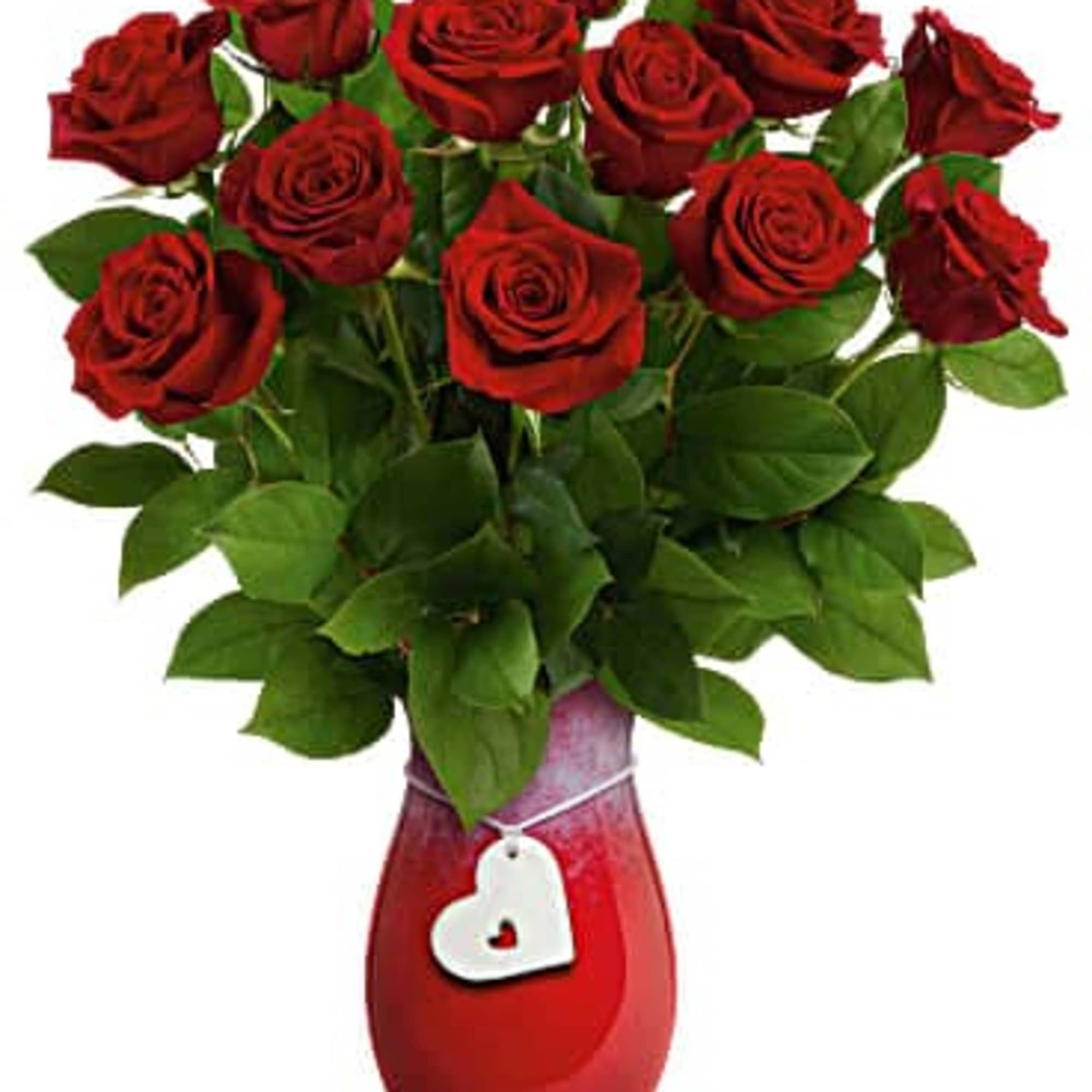 Red roses arranged in a red vase with a heart tag