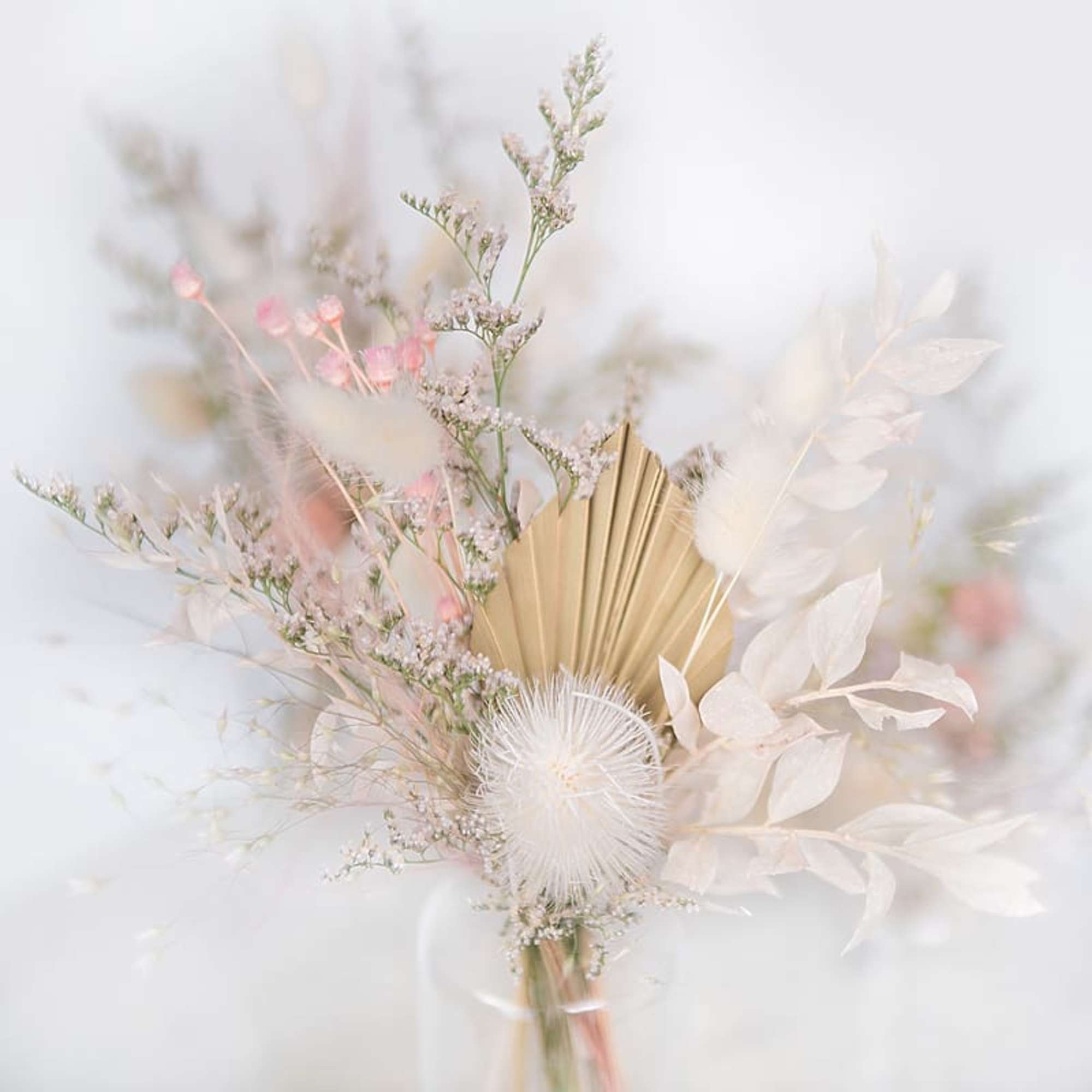 Soft pastel bouquet with white feathery accents and pink sprigs
