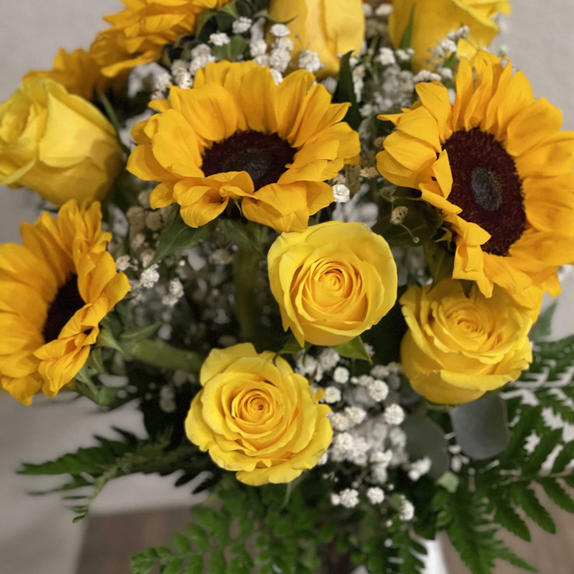 Make someone smile with this delightful bouquet of sunflowers, yellow roses, baby&rsquo;s, photo 2 of 3