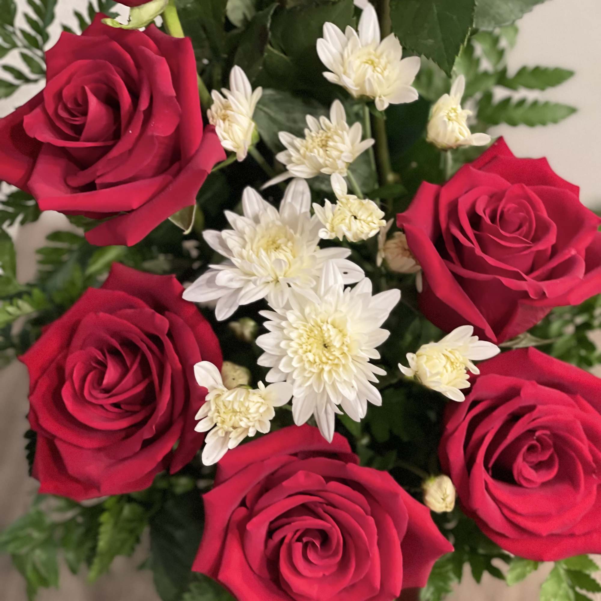 Bouquet of red roses with white chrysanthemums