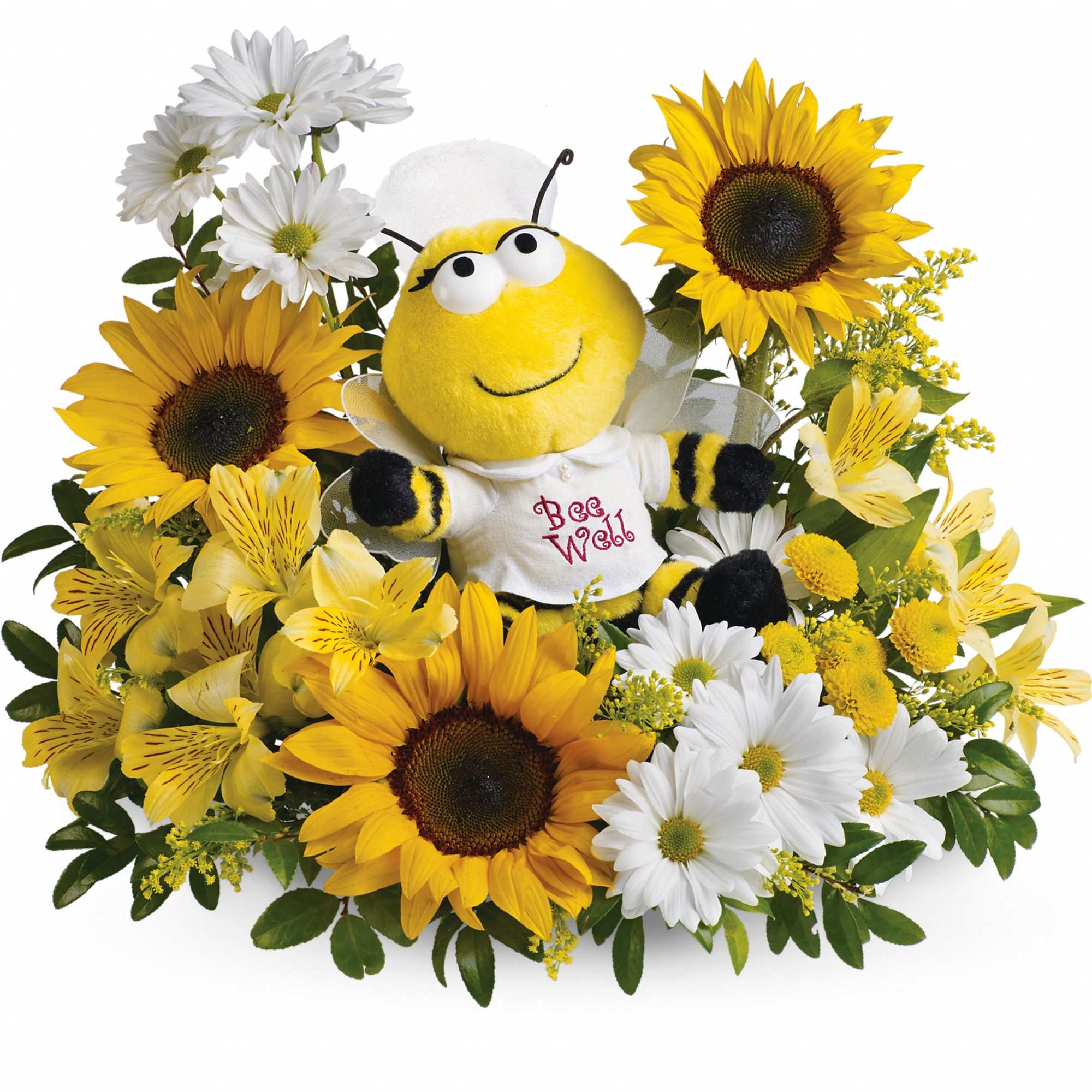 Sunflower and daisy arrangement with a plush bee in the center