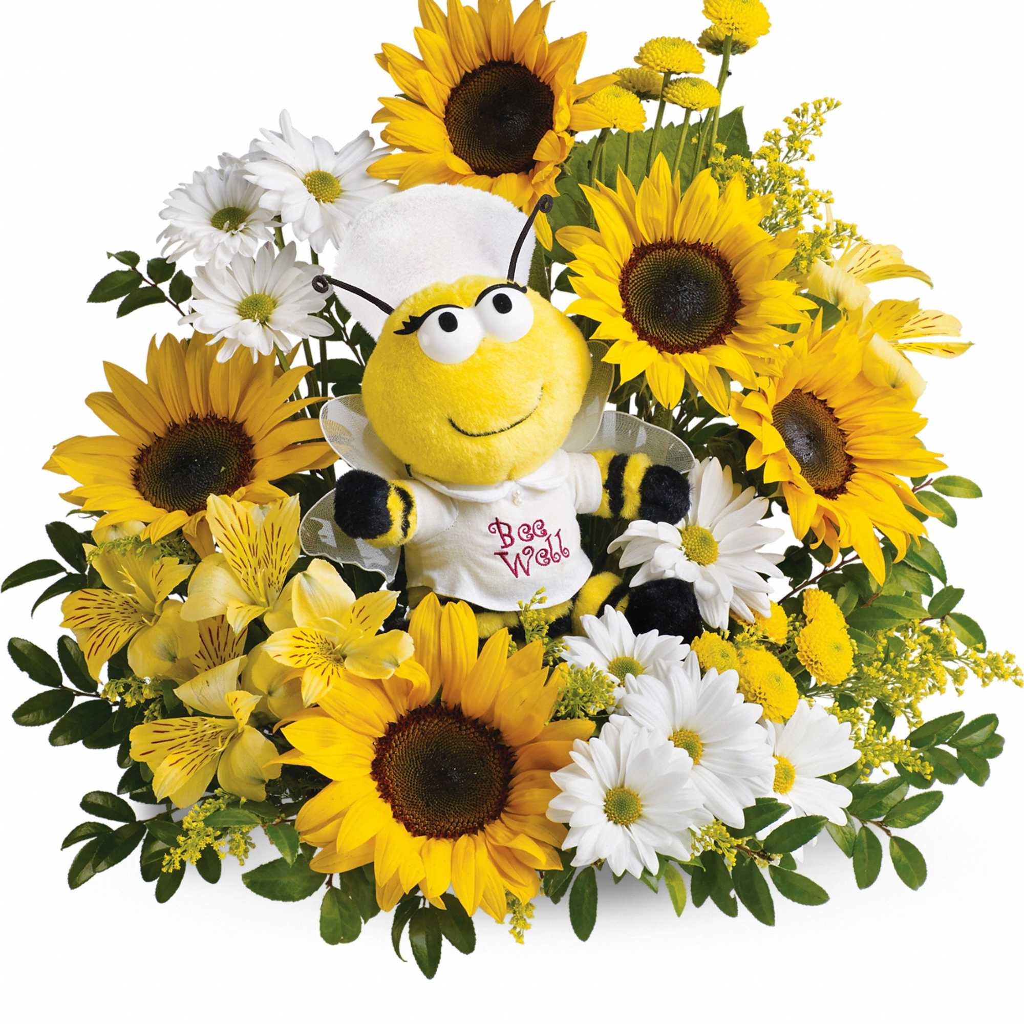 Sunflowers and white daisies arranged around a bee plush toy