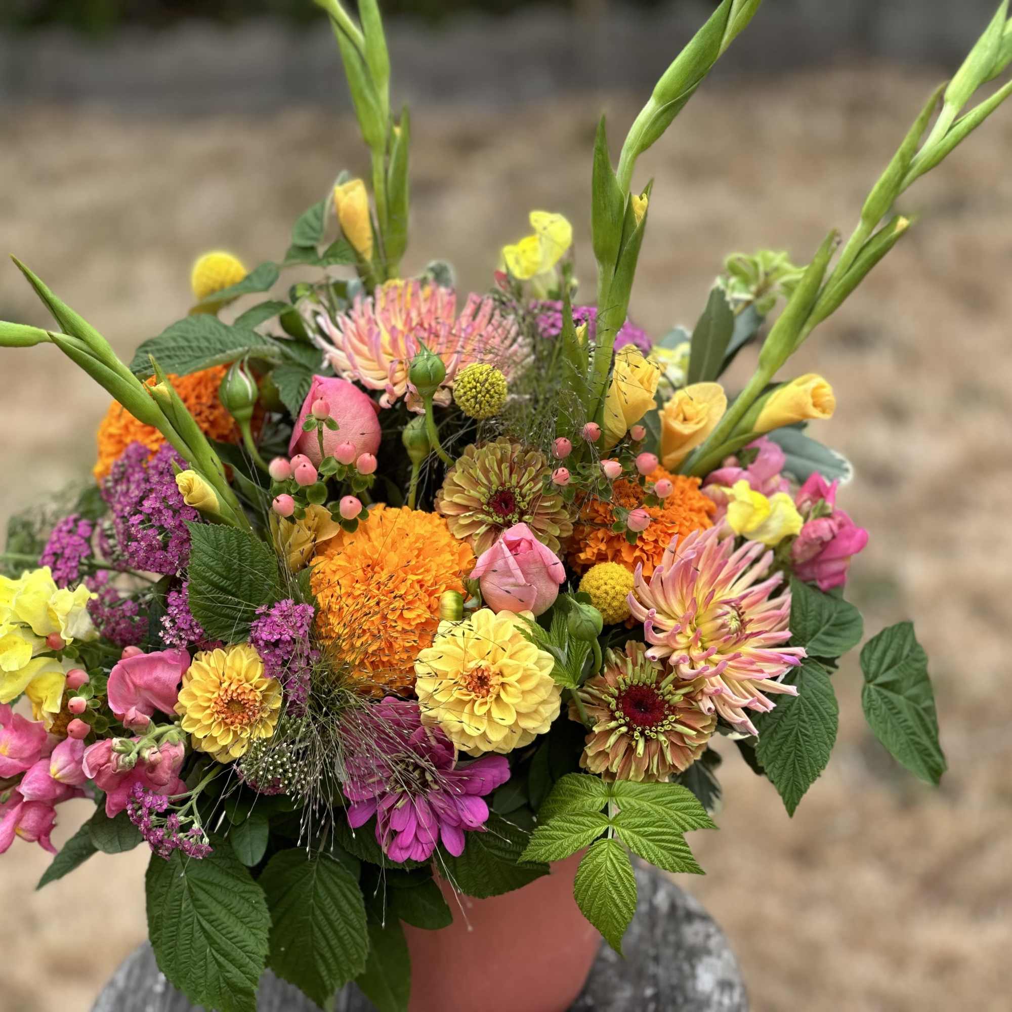 Colorful mixed bouquet in a pink container with tall green stems