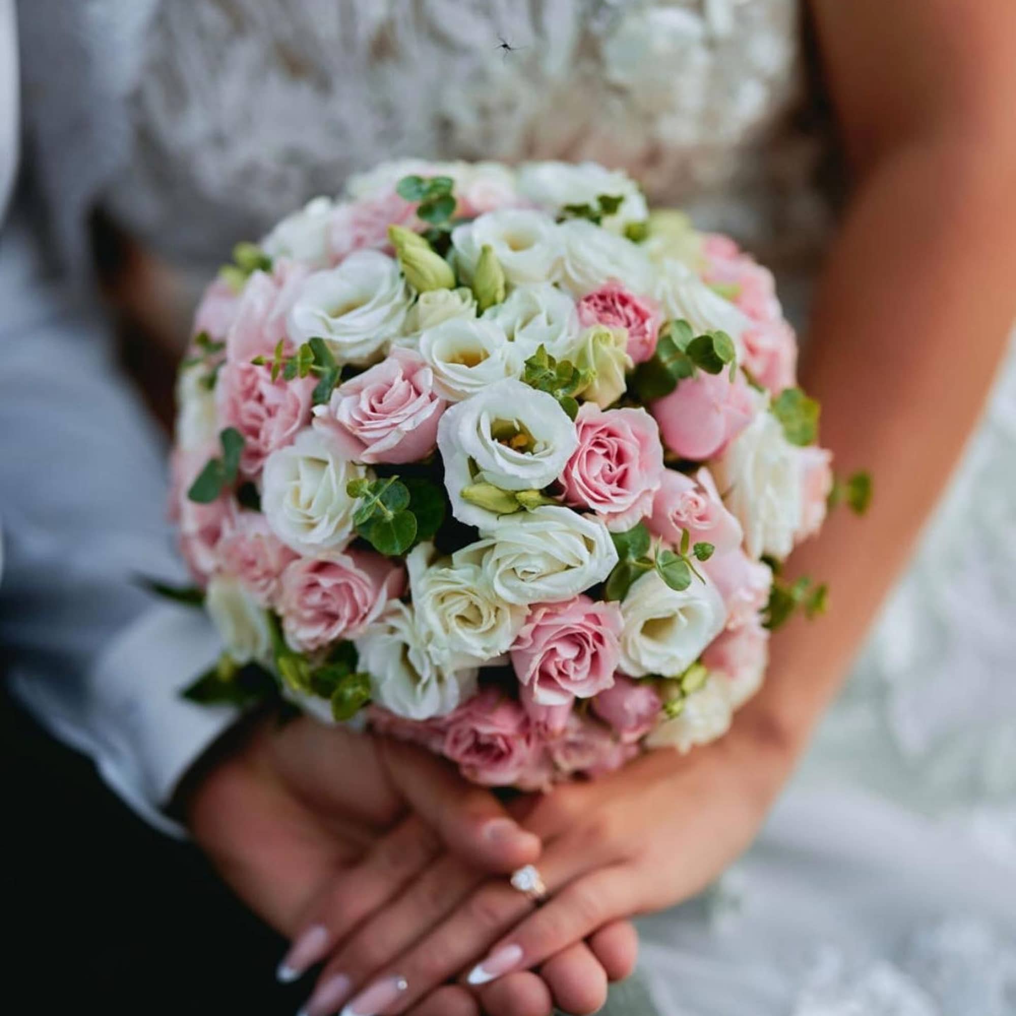 Bride holding a round bouquet of pink and white roses